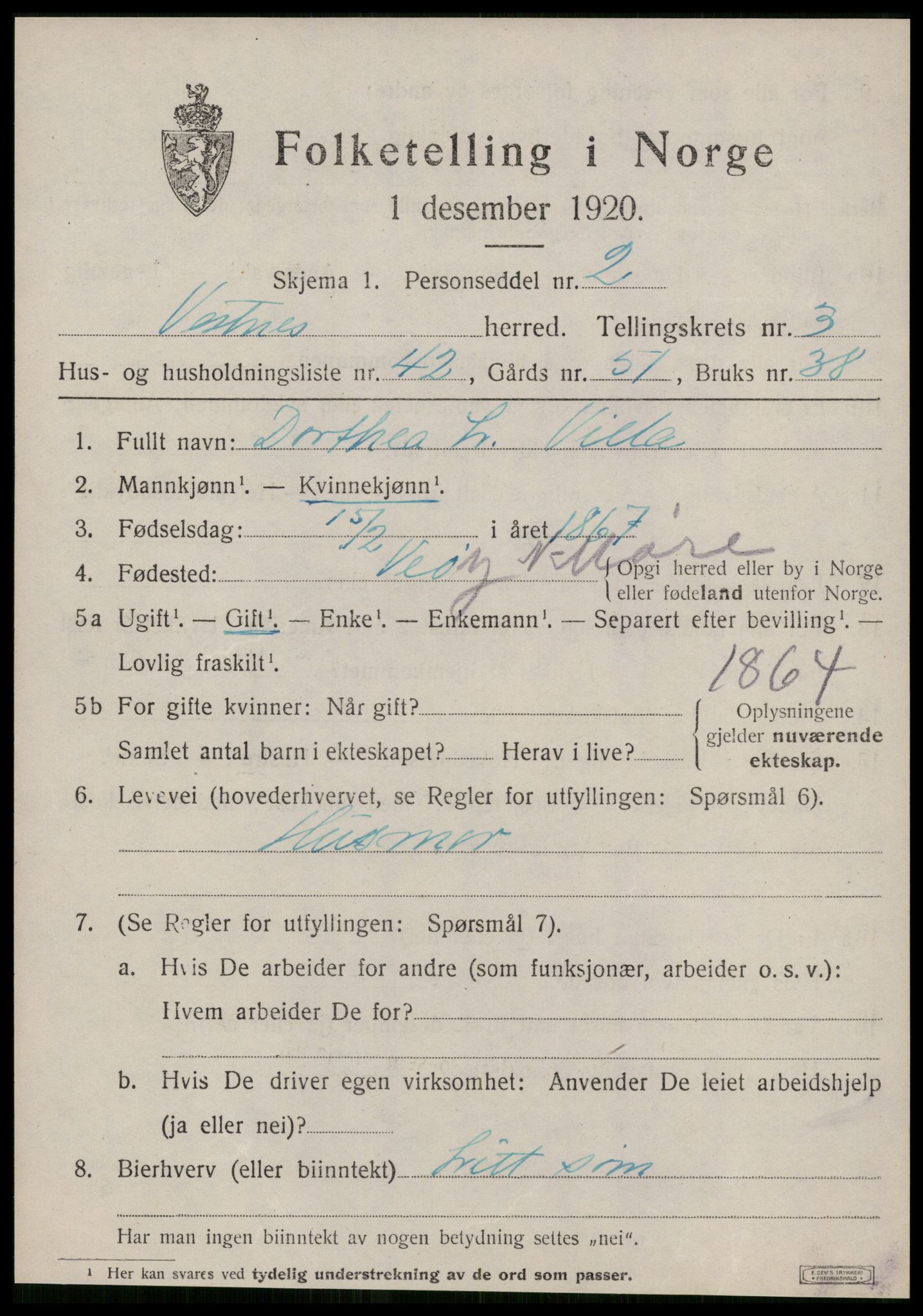 SAT, 1920 census for Vestnes, 1920, p. 3111
