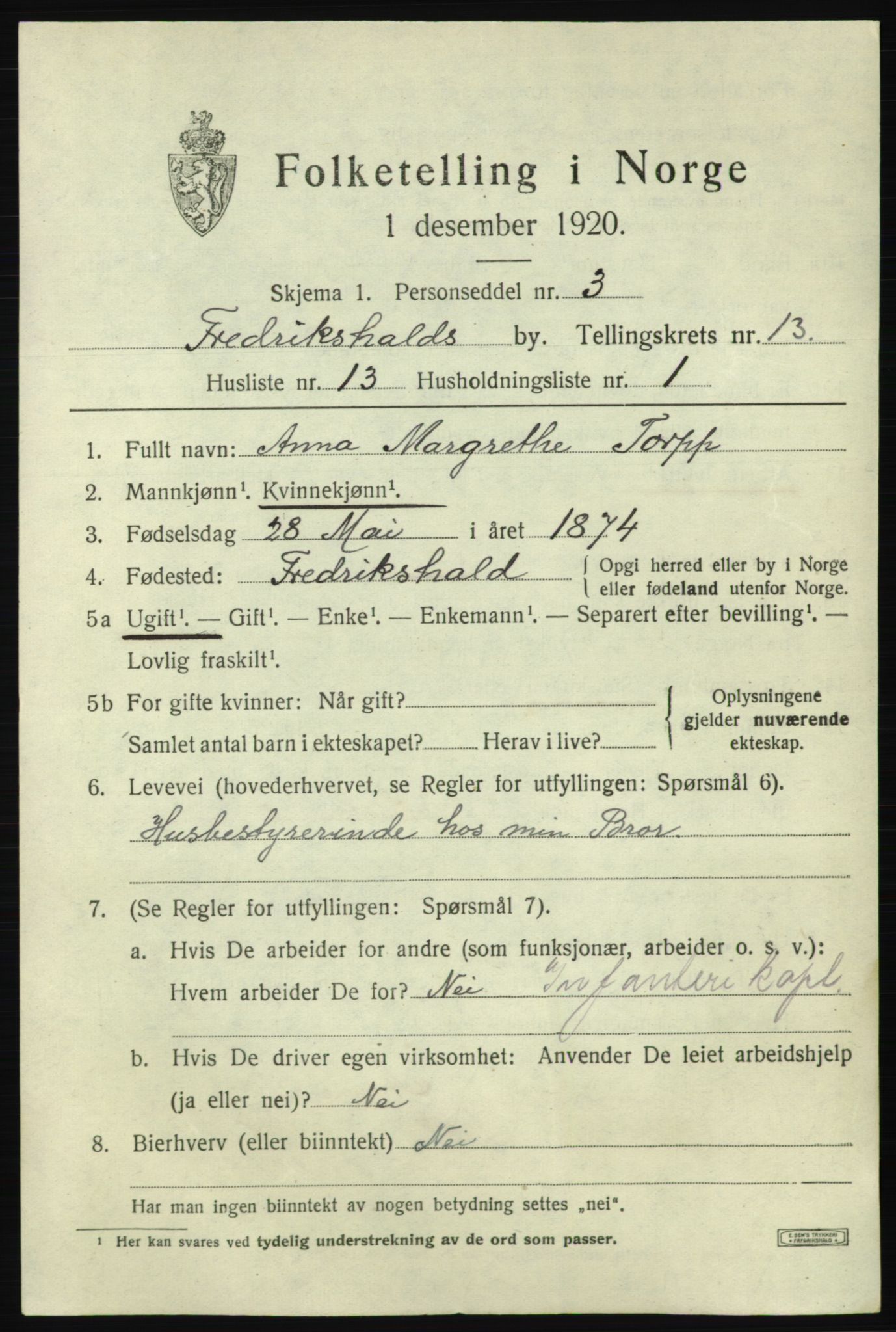 SAO, 1920 census for Fredrikshald, 1920, p. 20900