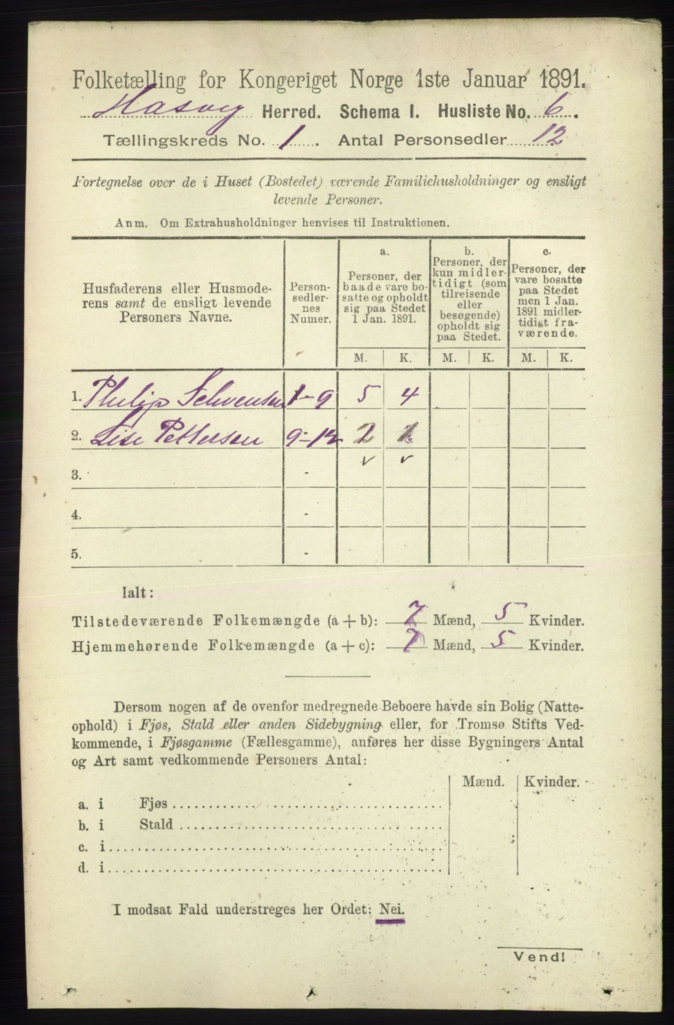 RA, 1891 census for 2015 Hasvik, 1891, p. 26