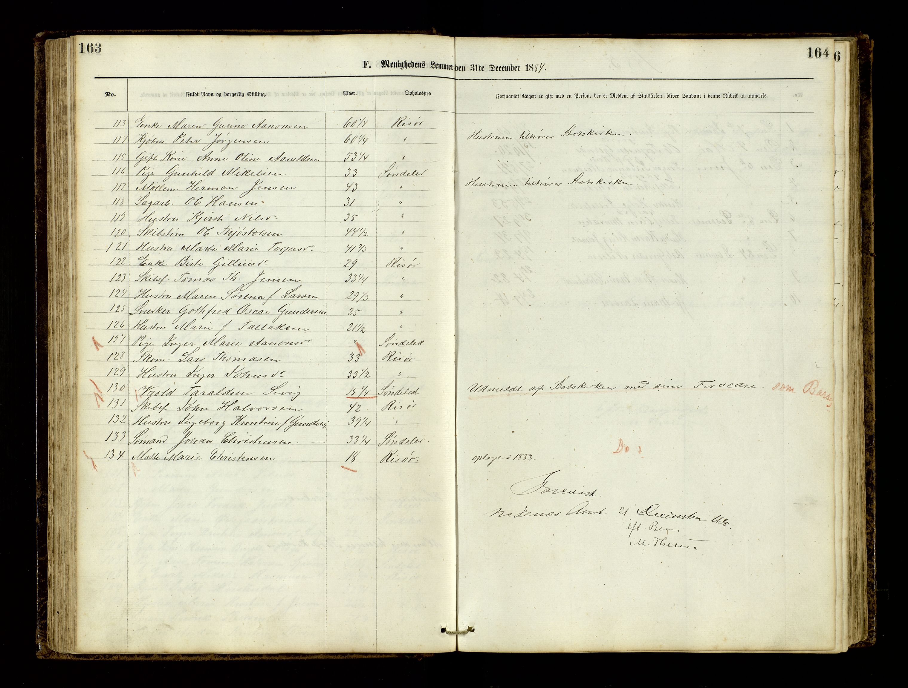 Den evangelisk-lutherske frimenighet, Risør, AV/SAK-1292-0007/F/Fa/L0001: Dissenter register no. F 17, 1877-1892, p. 163-164