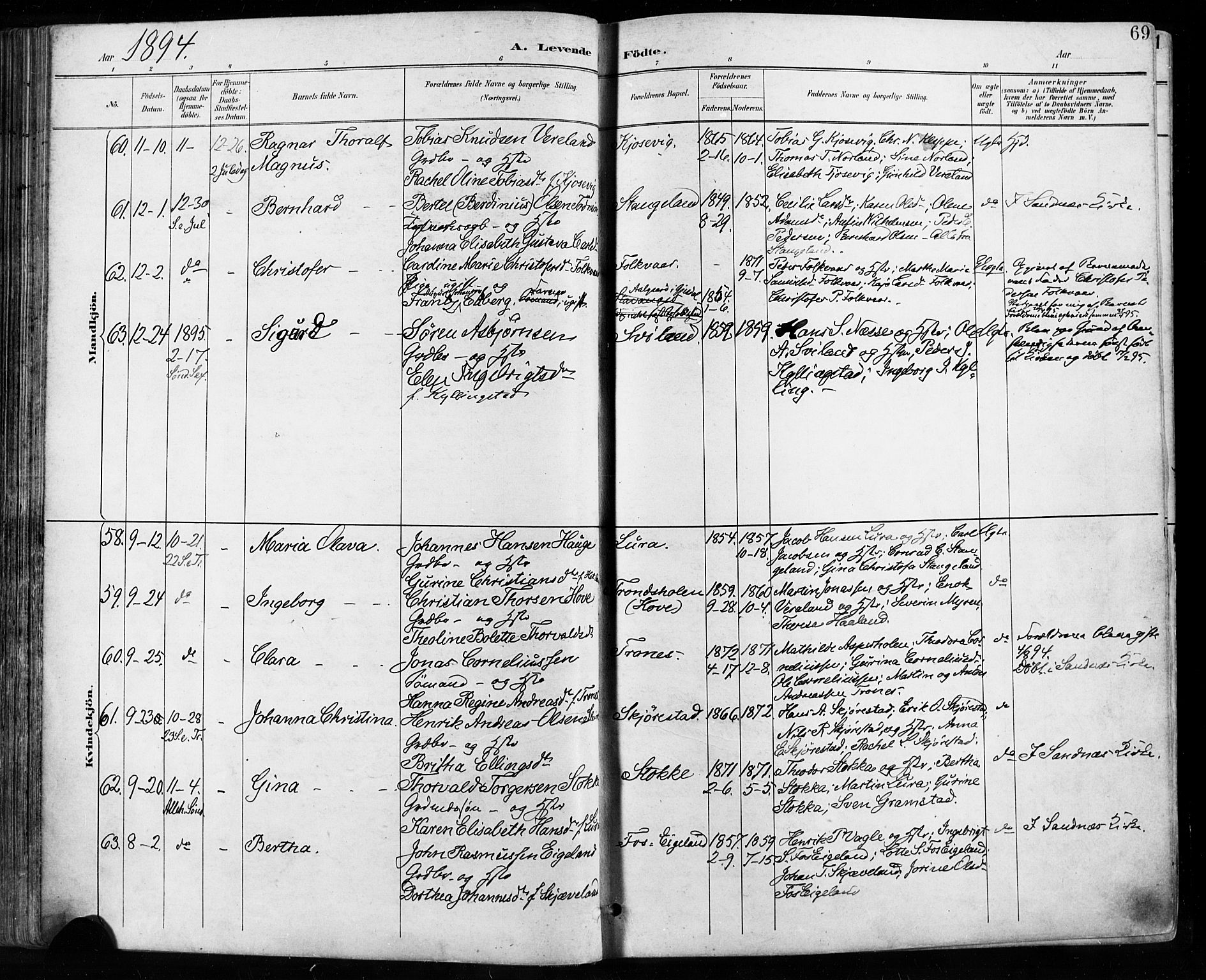Høyland sokneprestkontor, SAST/A-101799/001/30BA/L0013: Parish register (official) no. A 13.1, 1889-1898, p. 69