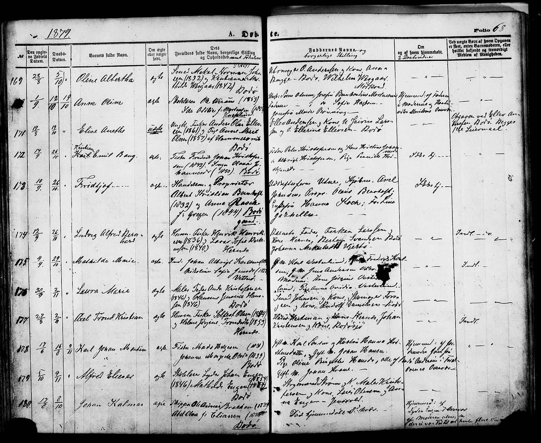 Ministerialprotokoller, klokkerbøker og fødselsregistre - Nordland, AV/SAT-A-1459/801/L0009: Parish register (official) no. 801A09, 1876-1883, p. 68