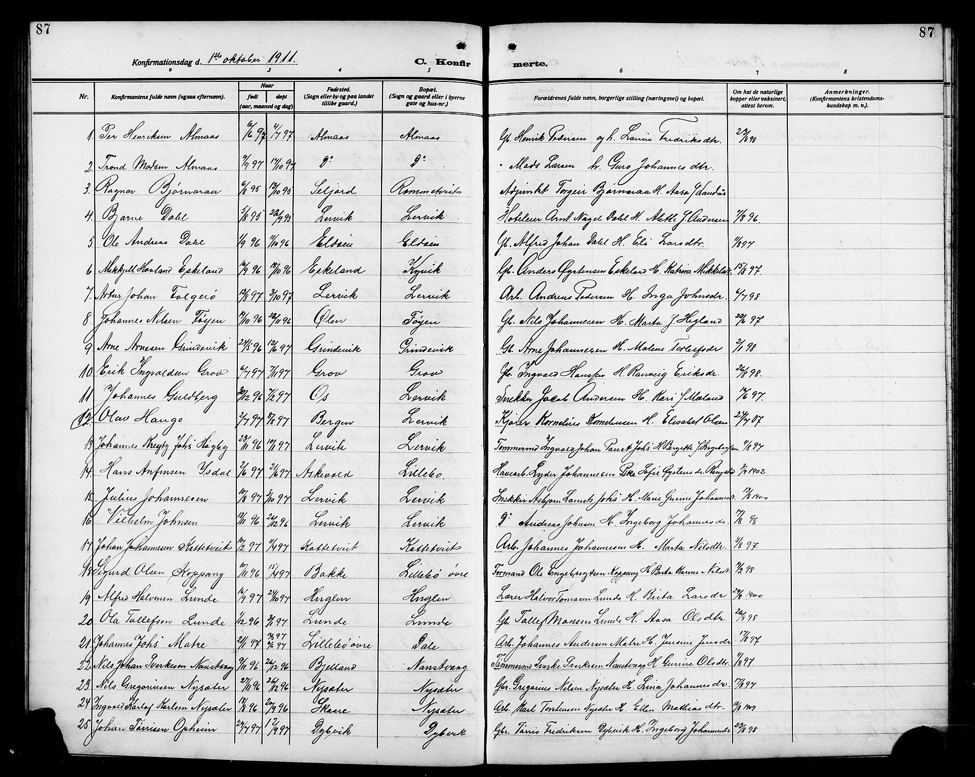 Stord sokneprestembete, AV/SAB-A-78201/H/Hab: Parish register (copy) no. A 3, 1910-1919, p. 87