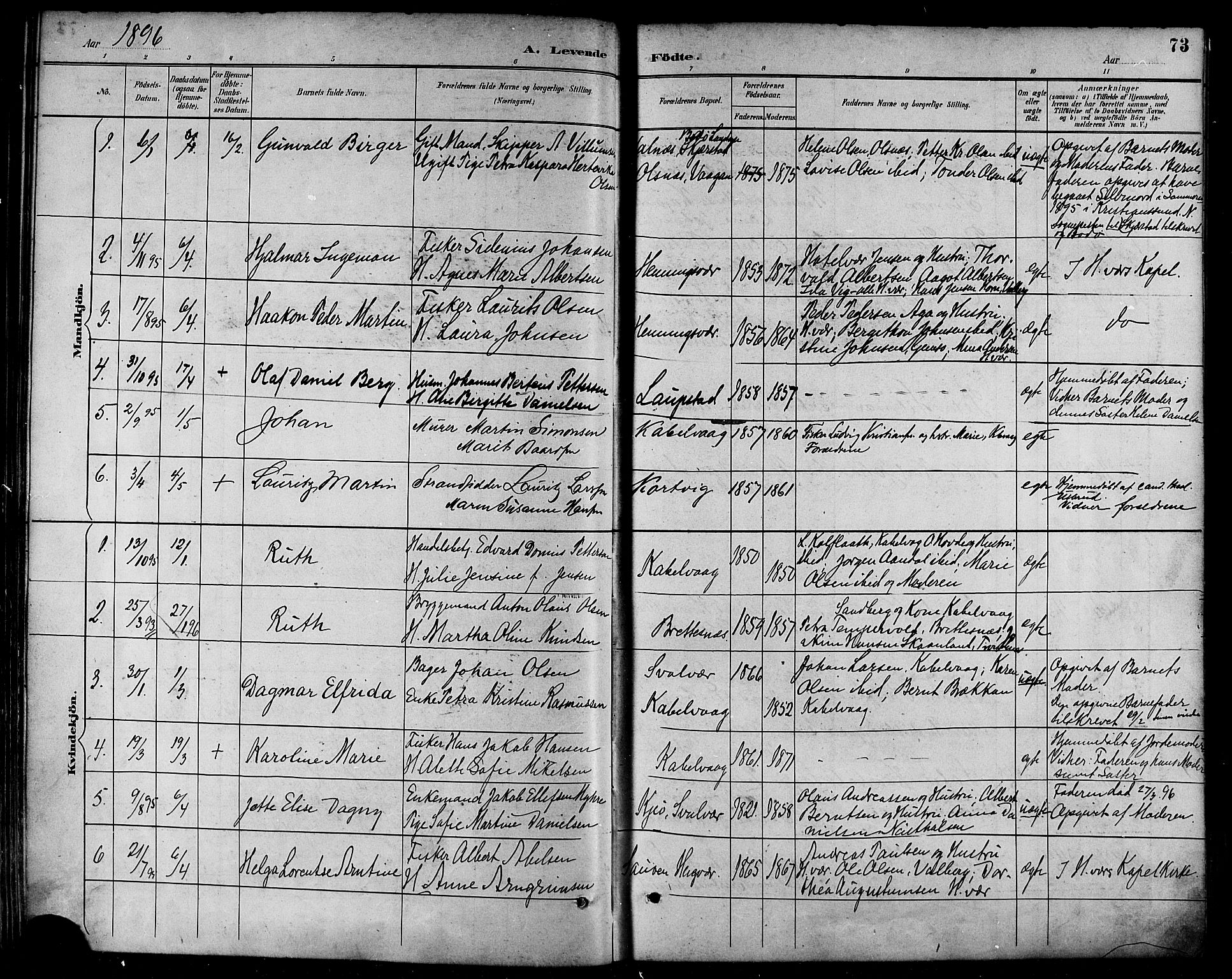 Ministerialprotokoller, klokkerbøker og fødselsregistre - Nordland, AV/SAT-A-1459/874/L1060: Parish register (official) no. 874A04, 1890-1899, p. 73