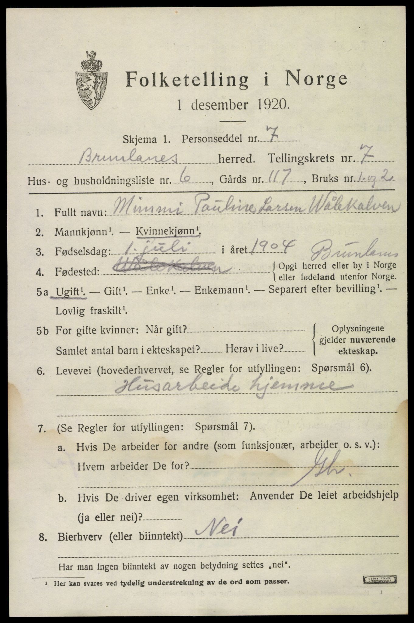 SAKO, 1920 census for Brunlanes, 1920, p. 7147