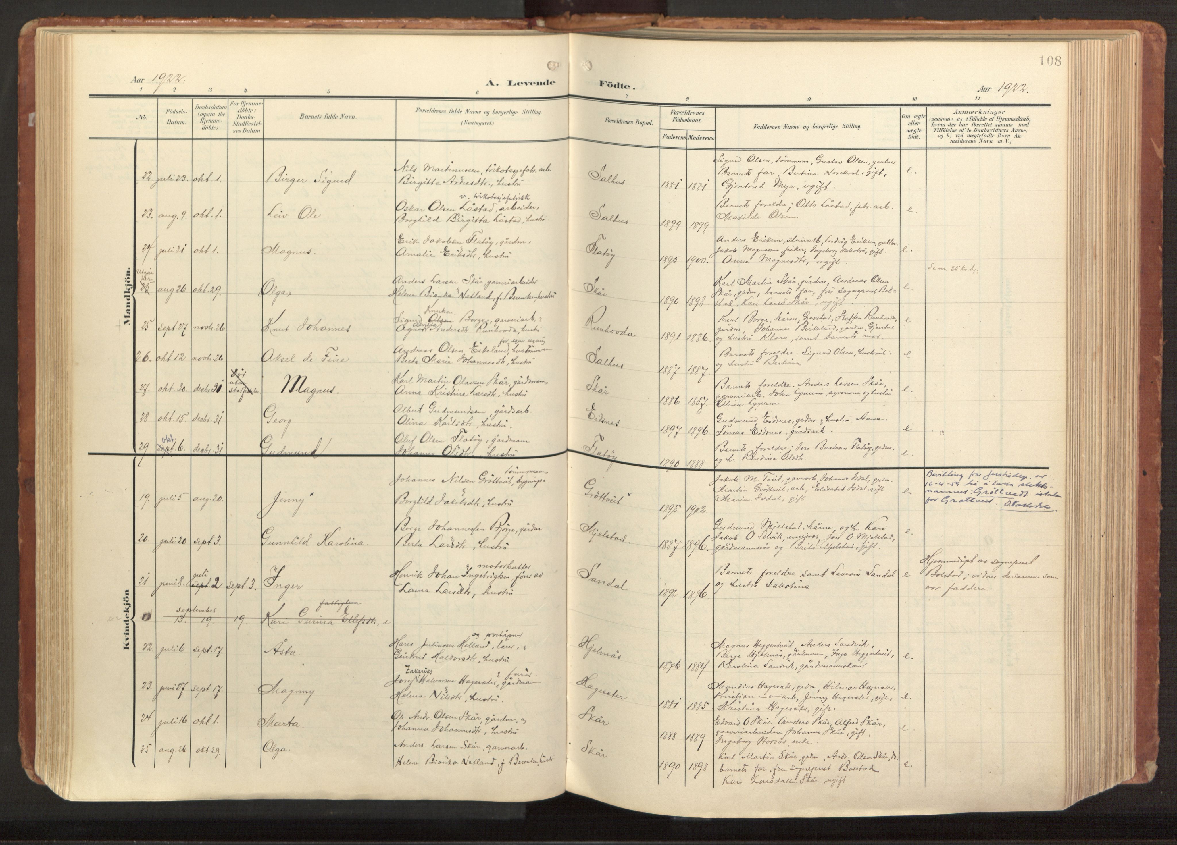 Hamre sokneprestembete, AV/SAB-A-75501/H/Ha/Haa/Haab/L0002: Parish register (official) no. B 2, 1905-1924, p. 108