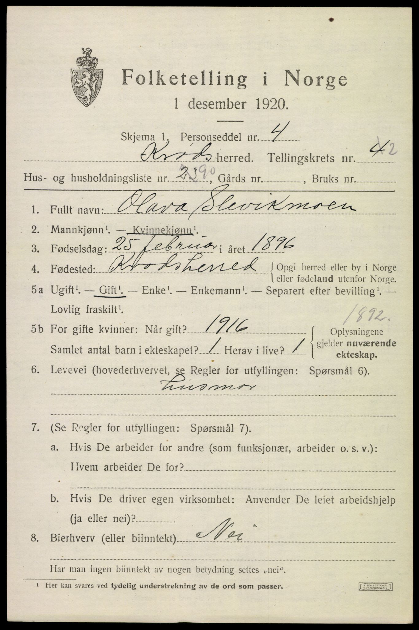 SAKO, 1920 census for Krødsherad, 1920, p. 3835