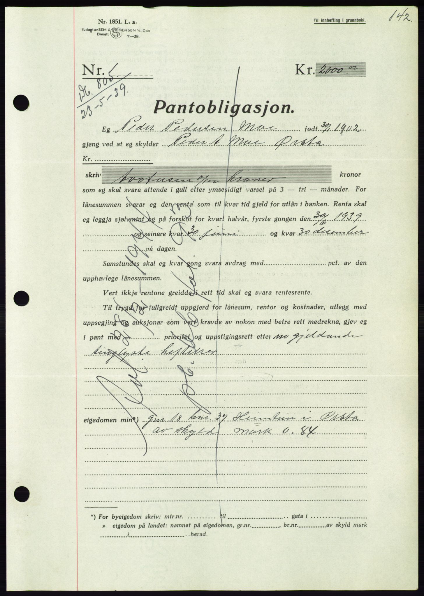 Søre Sunnmøre sorenskriveri, AV/SAT-A-4122/1/2/2C/L0068: Mortgage book no. 62, 1939-1939, Diary no: : 805/1939