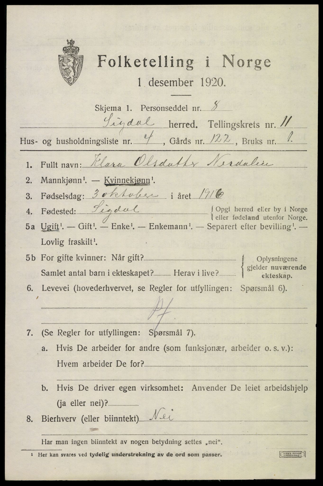 SAKO, 1920 census for Sigdal, 1920, p. 7628