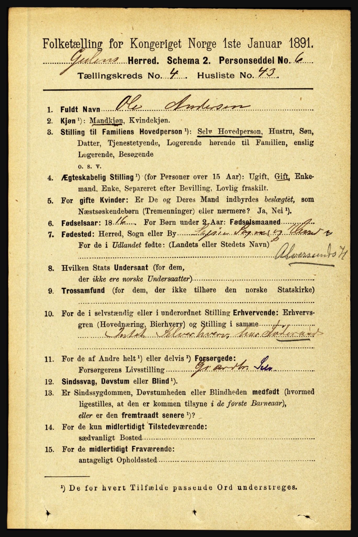 RA, 1891 census for 1411 Gulen, 1891, p. 1530