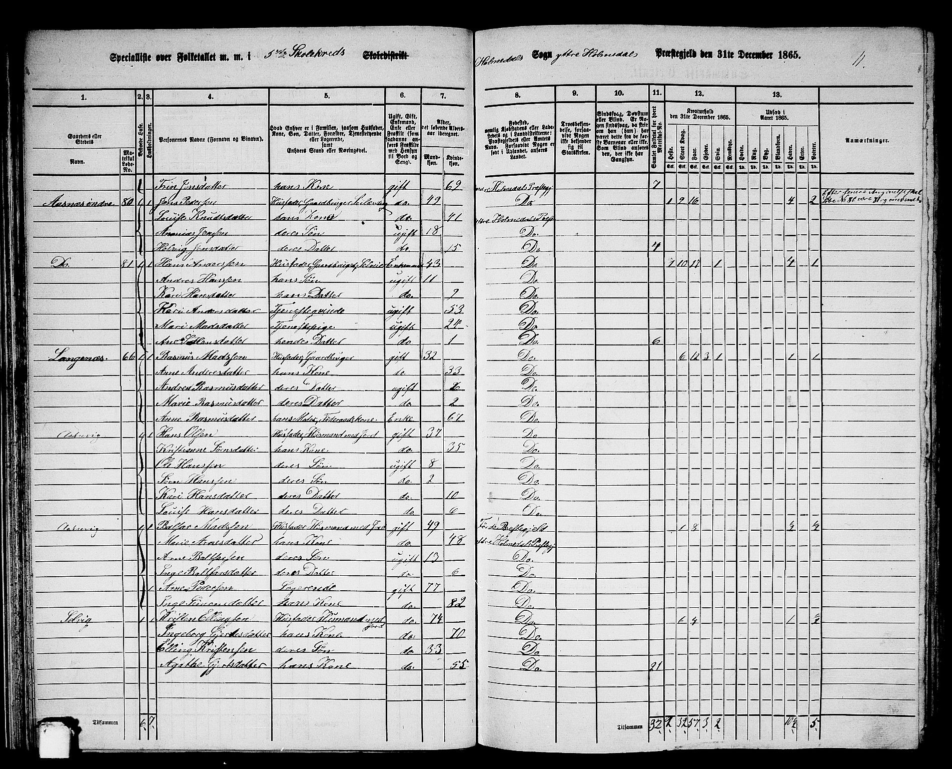 RA, 1865 census for Ytre Holmedal, 1865, p. 41