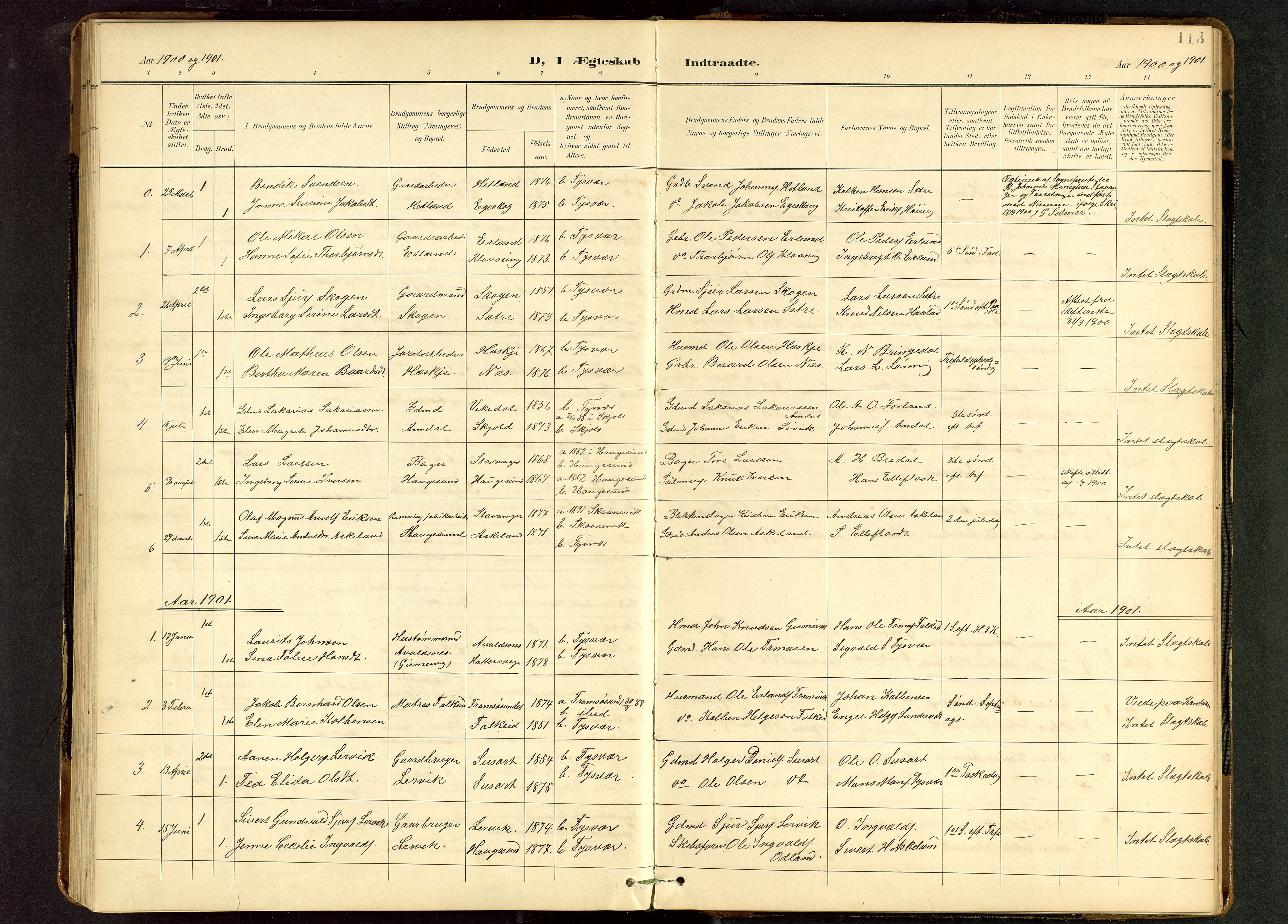 Tysvær sokneprestkontor, SAST/A -101864/H/Ha/Hab/L0010: Parish register (copy) no. B 10, 1897-1912, p. 113
