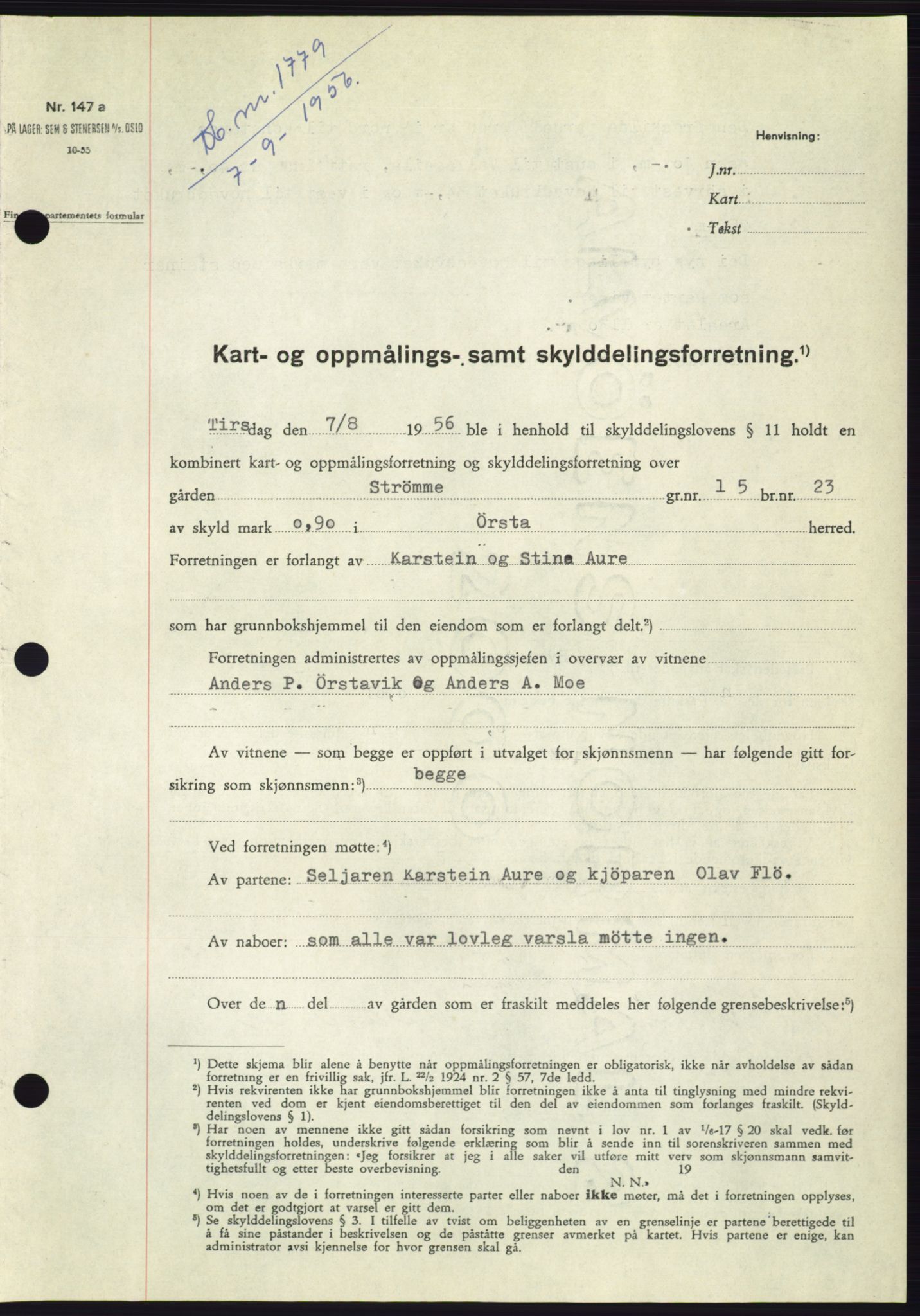 Søre Sunnmøre sorenskriveri, AV/SAT-A-4122/1/2/2C/L0104: Mortgage book no. 30A, 1956-1956, Diary no: : 1779/1956