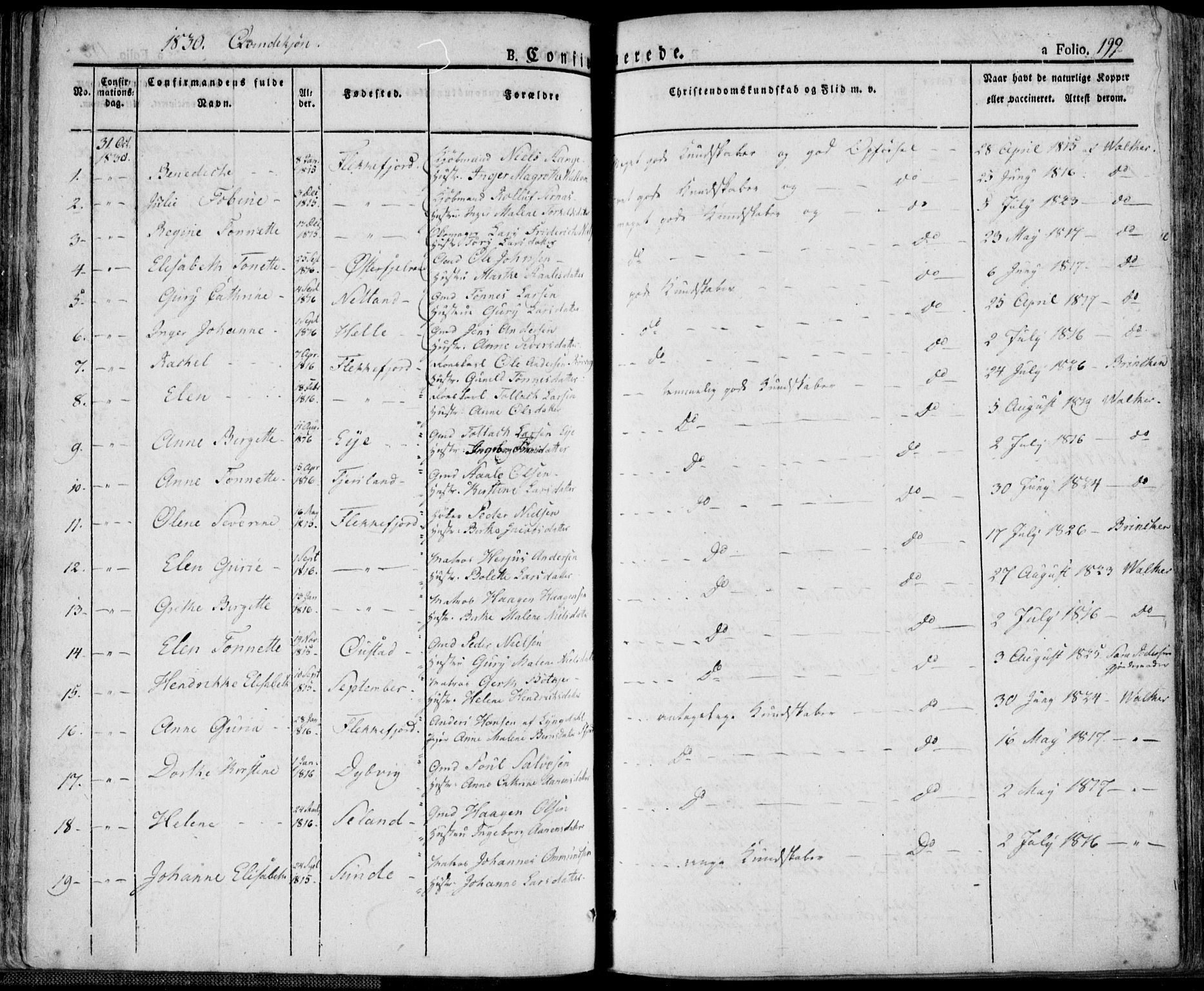 Flekkefjord sokneprestkontor, AV/SAK-1111-0012/F/Fa/Fac/L0003: Parish register (official) no. A 3, 1826-1841, p. 199