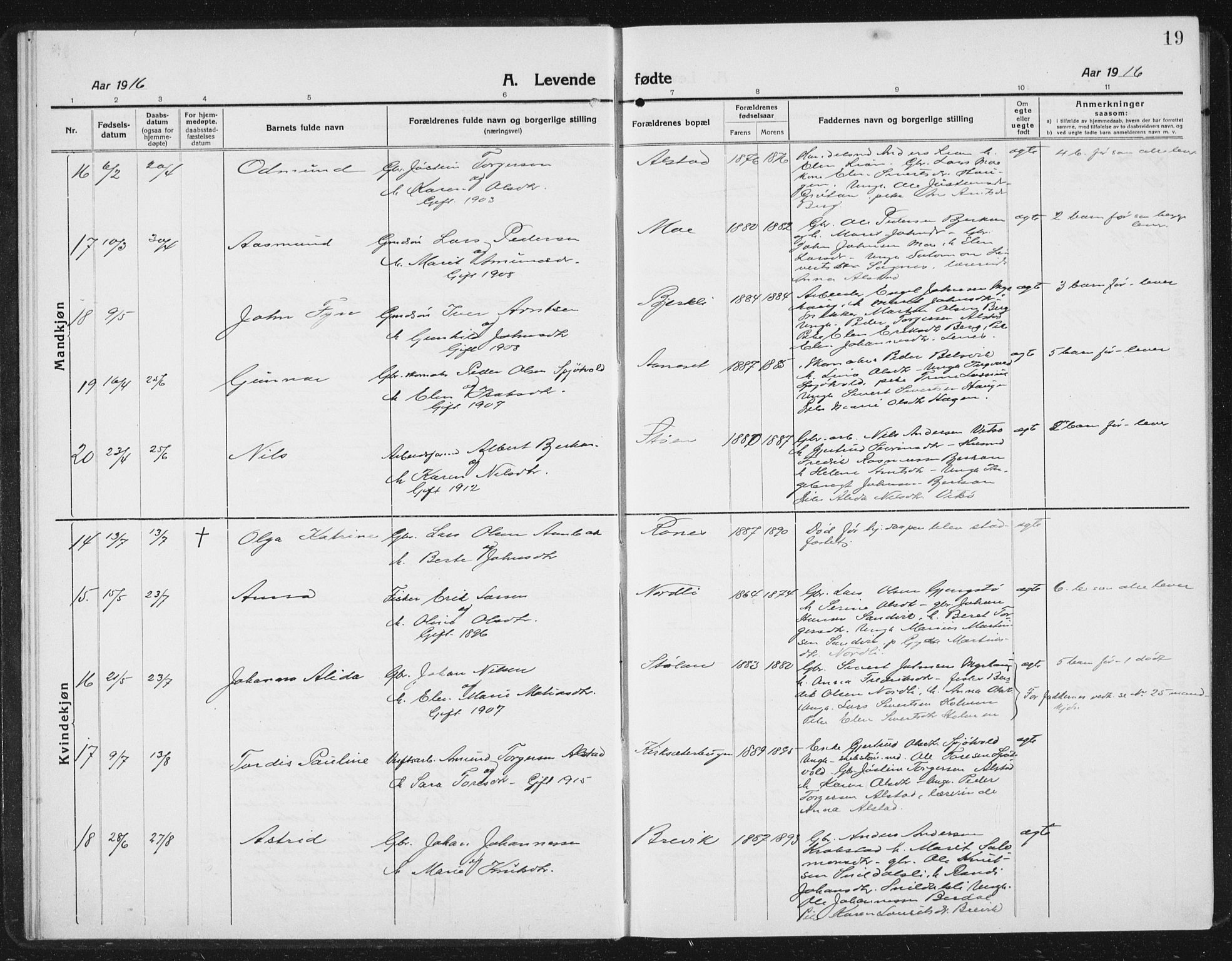 Ministerialprotokoller, klokkerbøker og fødselsregistre - Sør-Trøndelag, AV/SAT-A-1456/630/L0506: Parish register (copy) no. 630C04, 1914-1933, p. 19