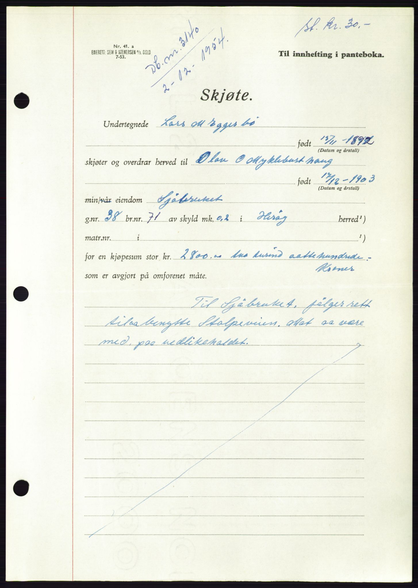 Søre Sunnmøre sorenskriveri, AV/SAT-A-4122/1/2/2C/L0099: Mortgage book no. 25A, 1954-1954, Diary no: : 3140/1954