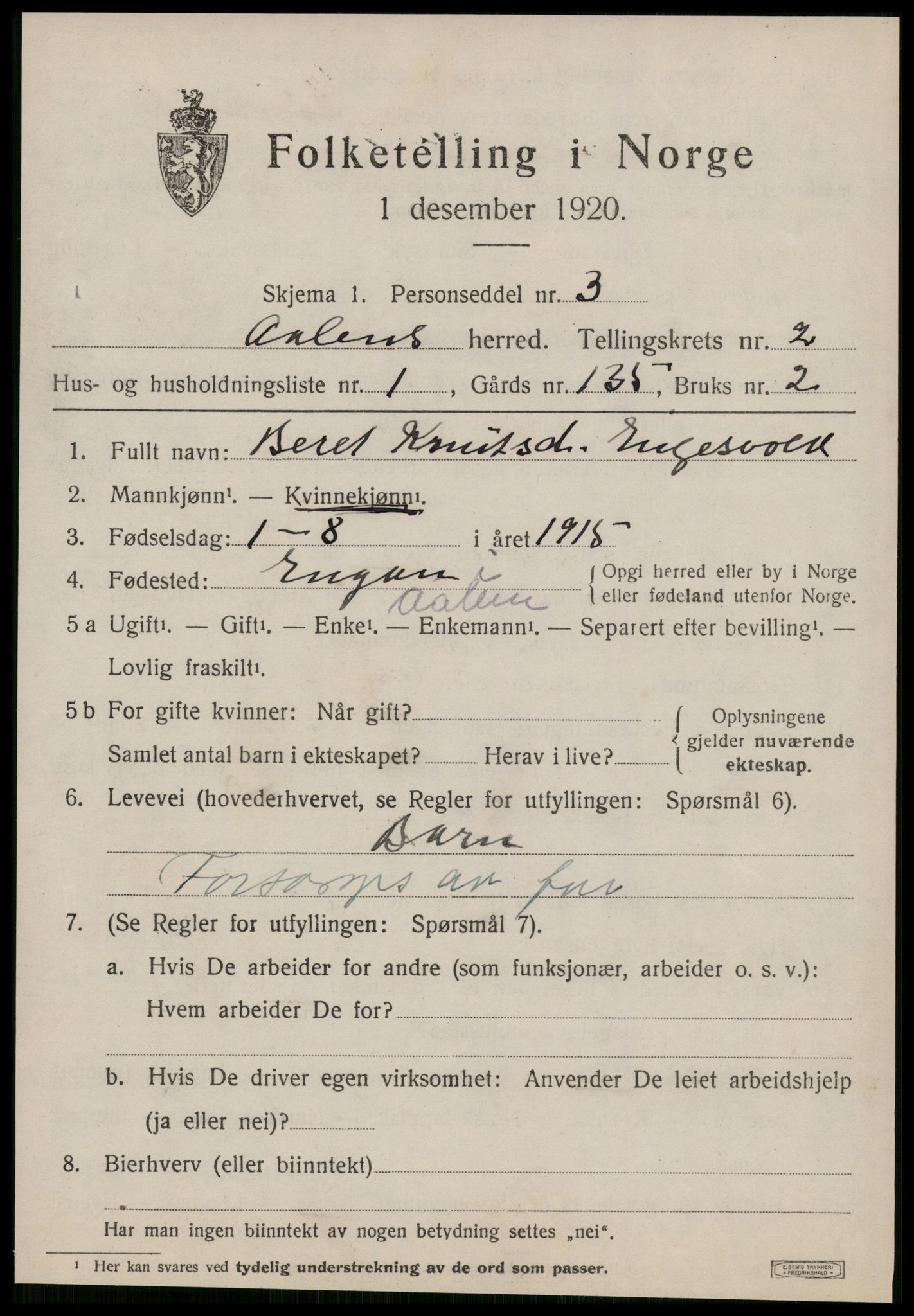 SAT, 1920 census for Ålen, 1920, p. 1206