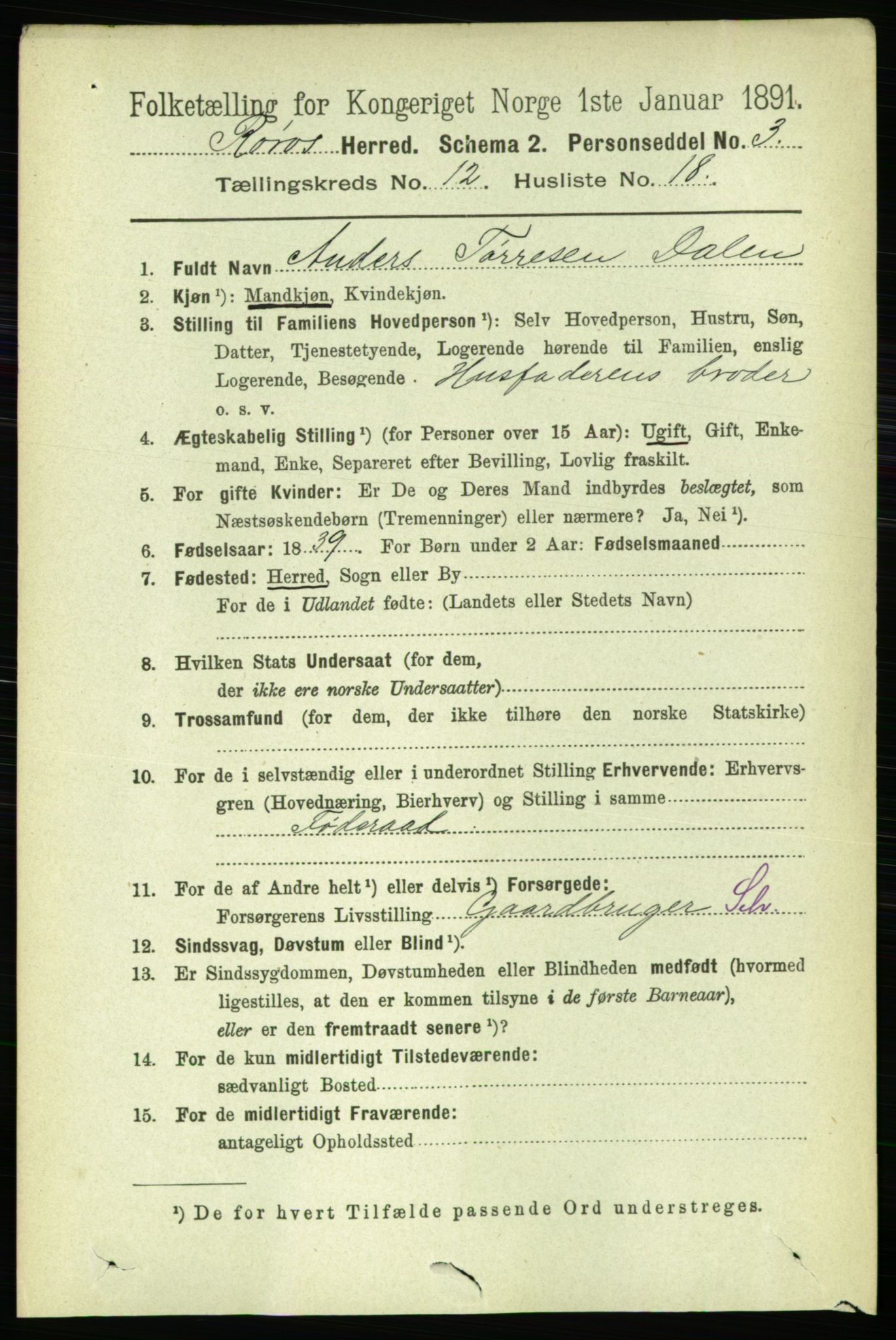 RA, 1891 census for 1640 Røros, 1891, p. 2501