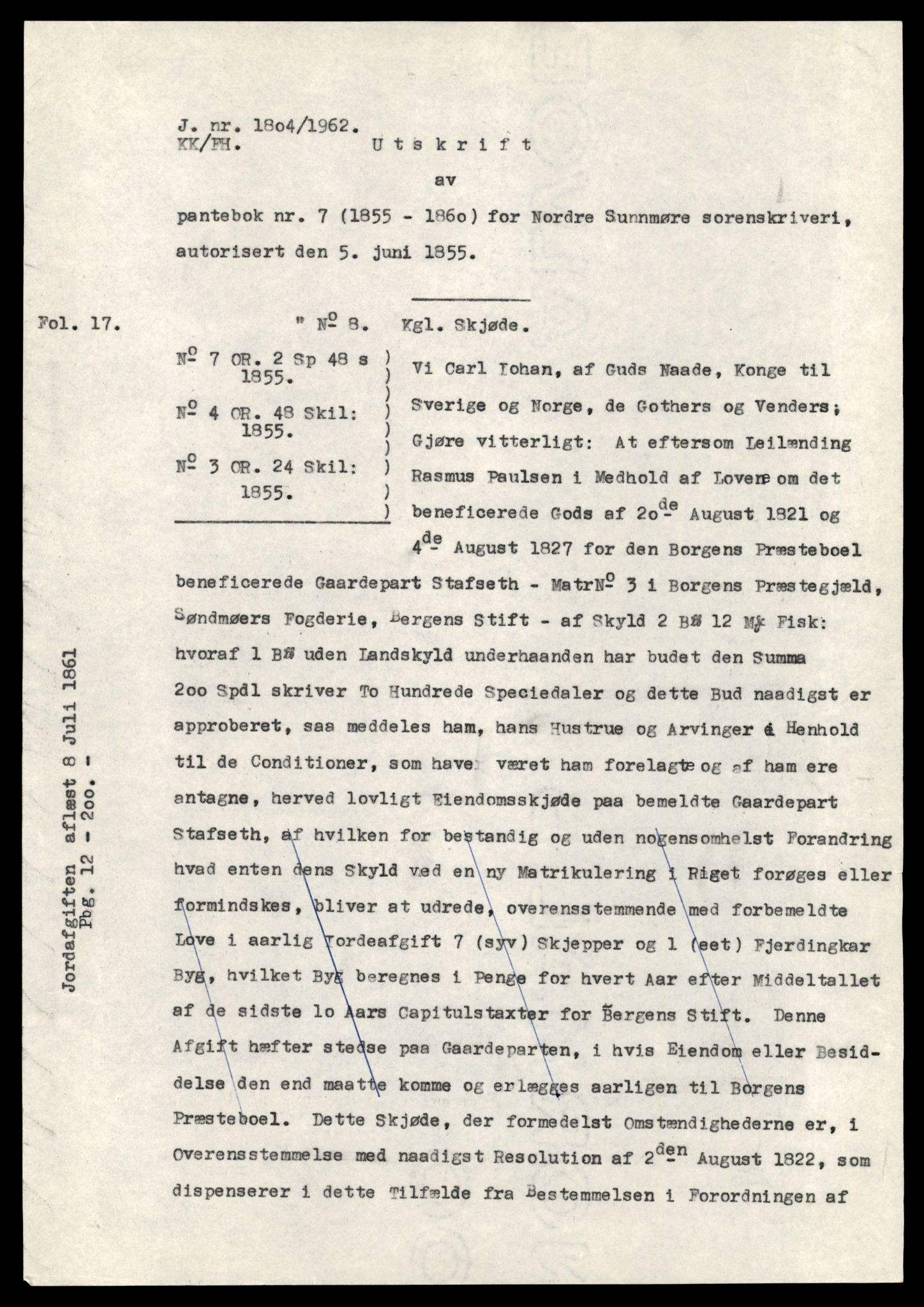 Statsarkivet i Trondheim, AV/SAT-A-4183/J/Jb/L0013: Pantebok 11, 1 - 400, 1855-1860