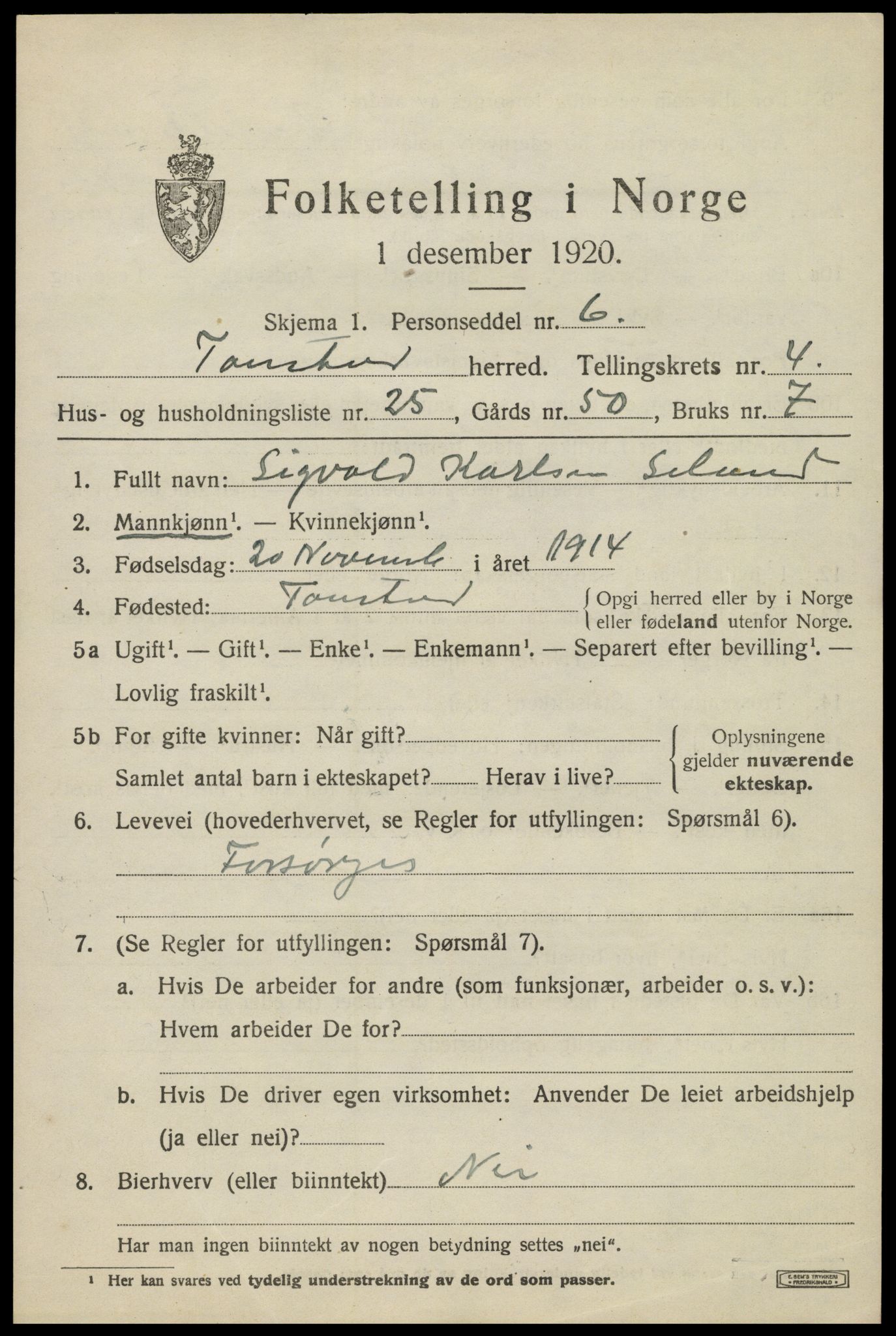 SAK, 1920 census for Tonstad, 1920, p. 1596