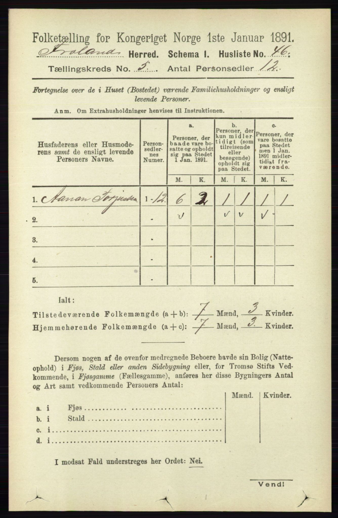 RA, 1891 census for 0919 Froland, 1891, p. 1768