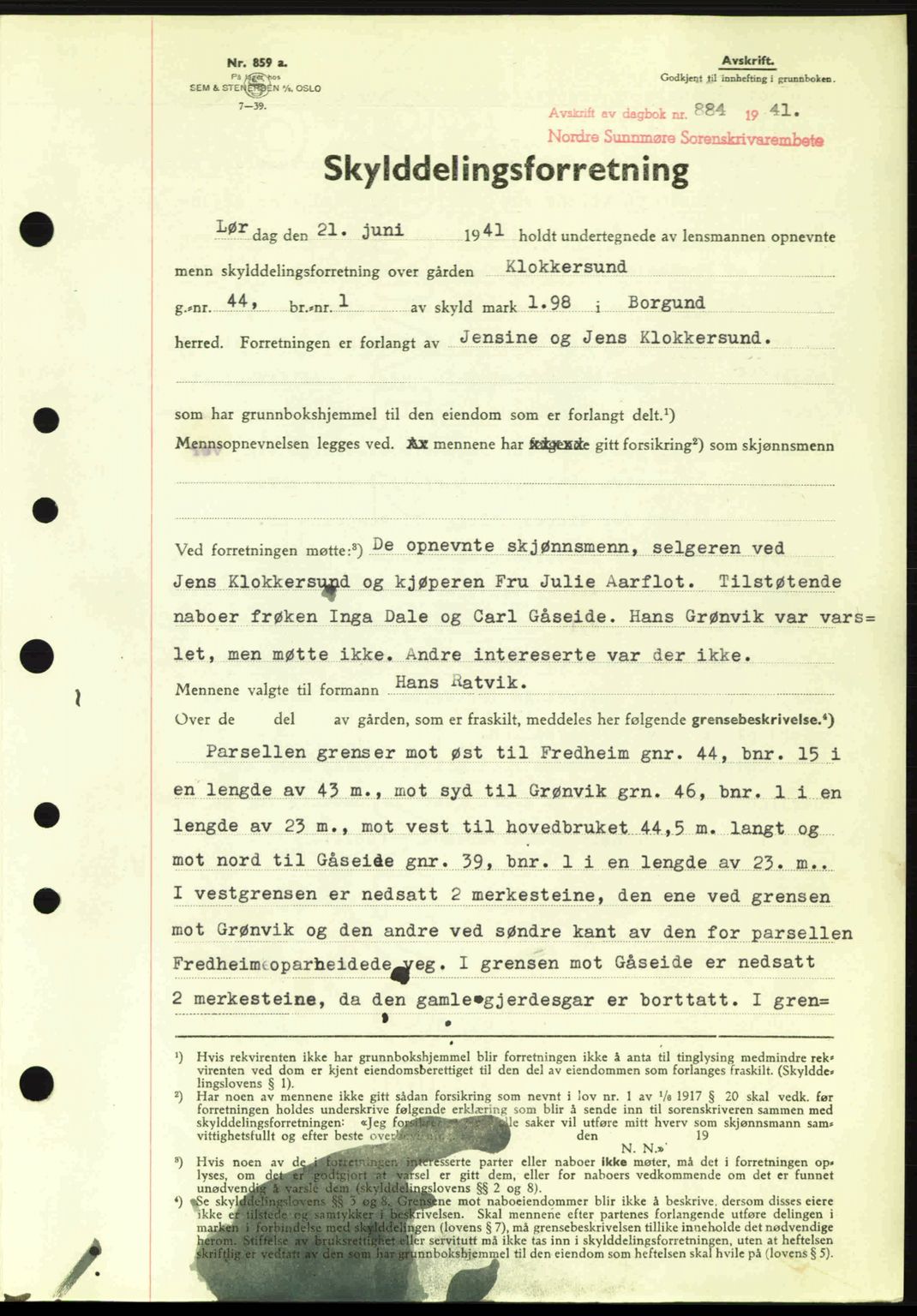 Nordre Sunnmøre sorenskriveri, AV/SAT-A-0006/1/2/2C/2Ca: Mortgage book no. A11, 1941-1941, Diary no: : 884/1941