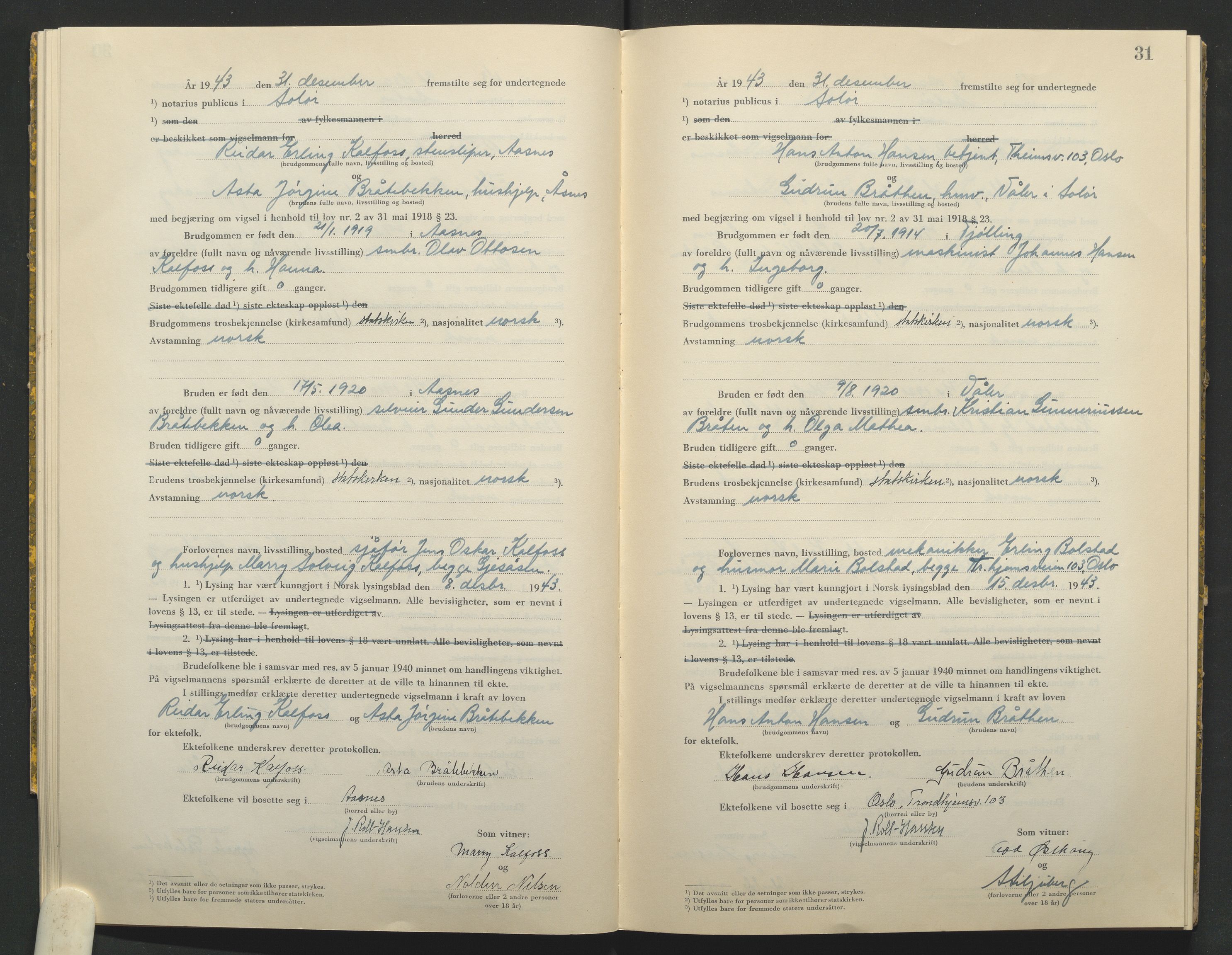 Solør tingrett, AV/SAH-TING-008/L/Lb/L0002: Vigselprotokoll, 1943-1944, p. 31