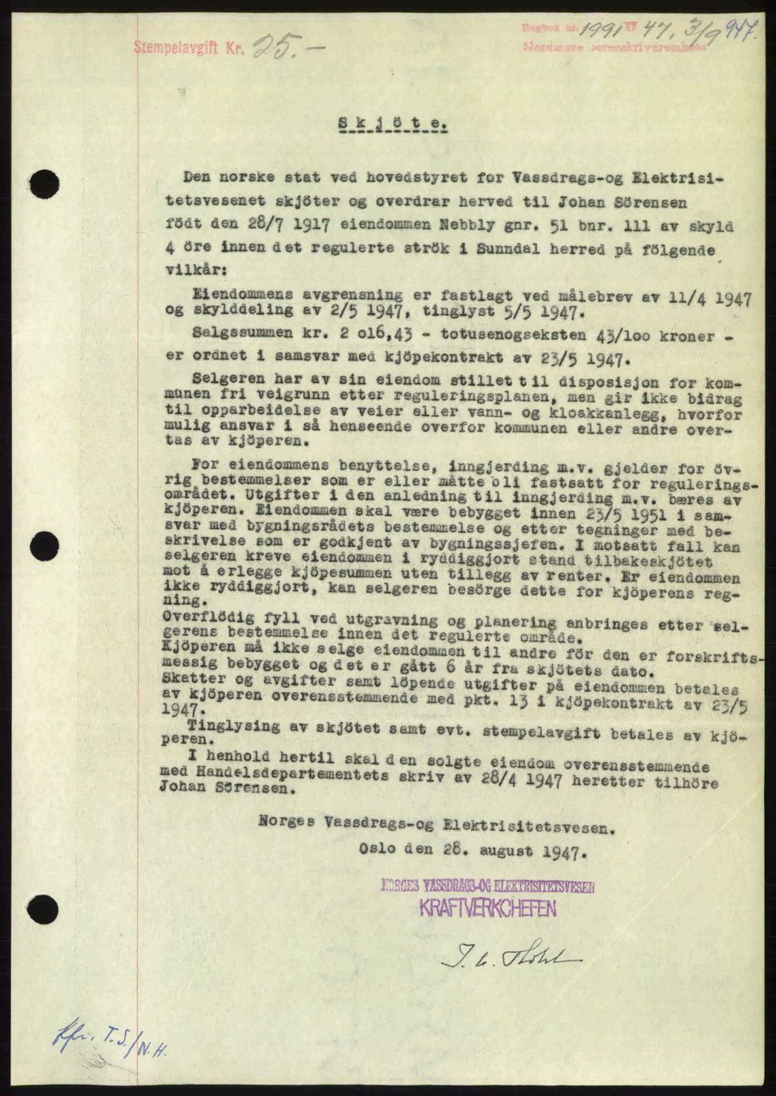 Nordmøre sorenskriveri, AV/SAT-A-4132/1/2/2Ca: Mortgage book no. A105, 1947-1947, Diary no: : 1991/1947