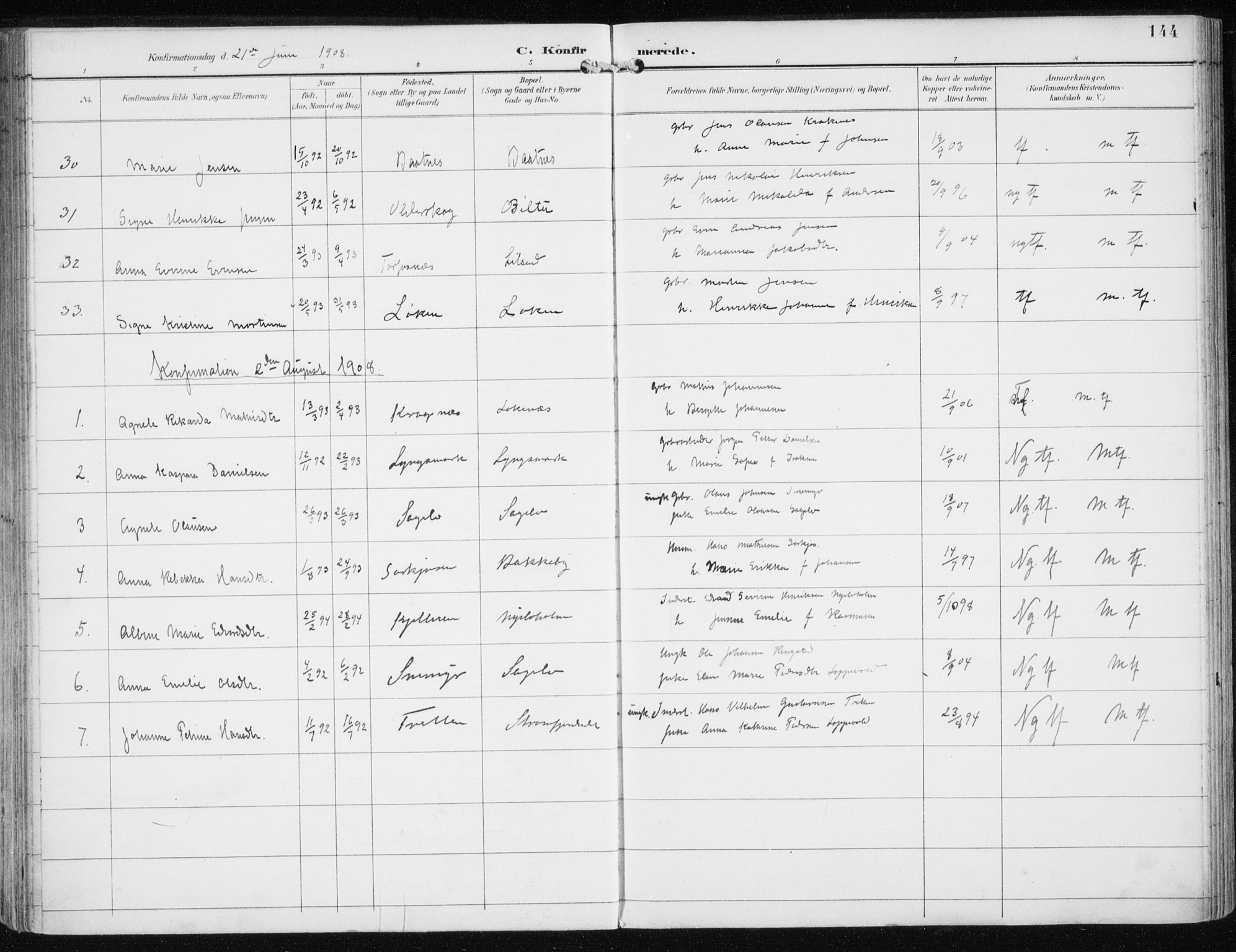 Skjervøy sokneprestkontor, AV/SATØ-S-1300/H/Ha/Haa/L0017kirke: Parish register (official) no. 17, 1895-1911, p. 144