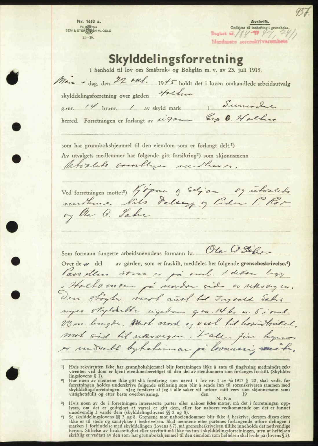 Nordmøre sorenskriveri, AV/SAT-A-4132/1/2/2Ca: Mortgage book no. A103, 1946-1947, Diary no: : 184/1947