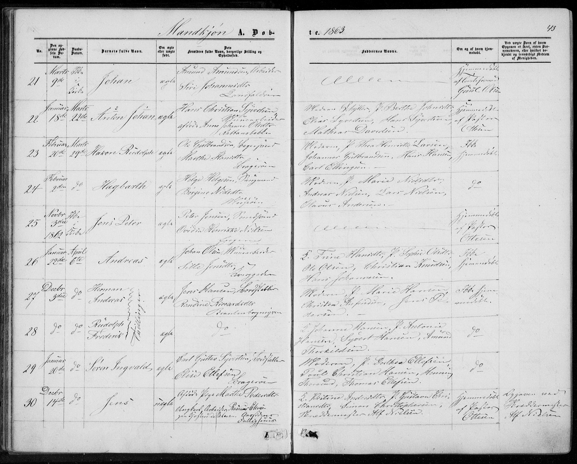 Bragernes kirkebøker, AV/SAKO-A-6/F/Fb/L0003: Parish register (official) no. II 3, 1860-1868, p. 43