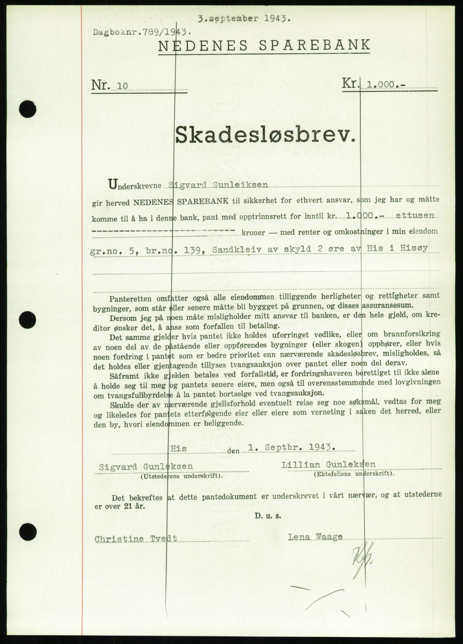 Nedenes sorenskriveri, AV/SAK-1221-0006/G/Gb/Gbb/L0002: Mortgage book no. II, 1942-1945, Diary no: : 789/1943