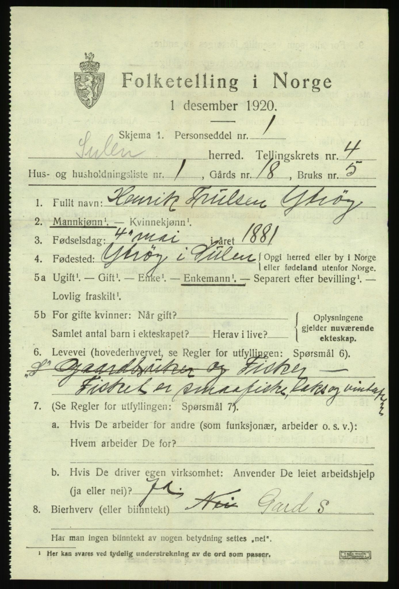 SAB, 1920 census for Solund, 1920, p. 1750