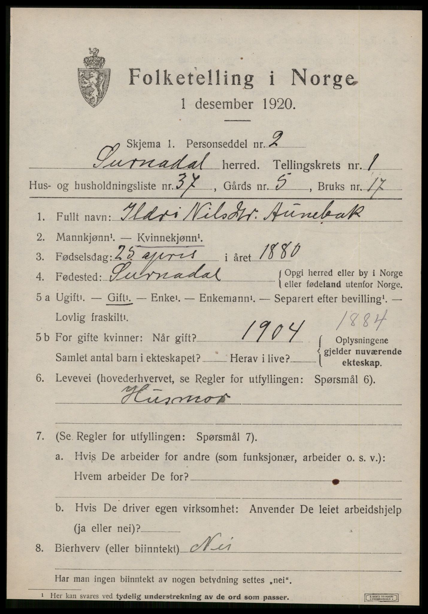 SAT, 1920 census for Surnadal, 1920, p. 1515