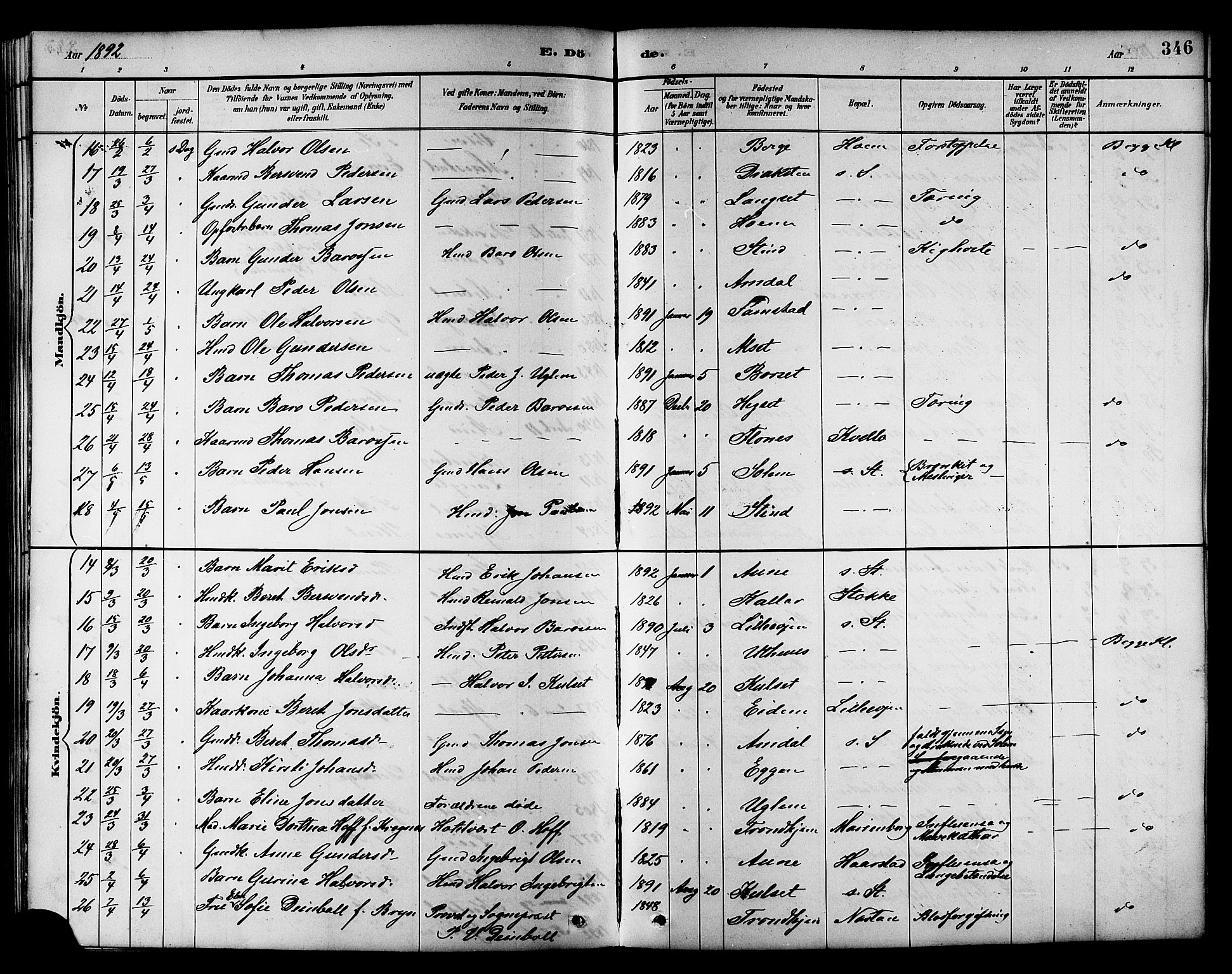 Ministerialprotokoller, klokkerbøker og fødselsregistre - Sør-Trøndelag, SAT/A-1456/695/L1157: Parish register (copy) no. 695C08, 1889-1913, p. 346