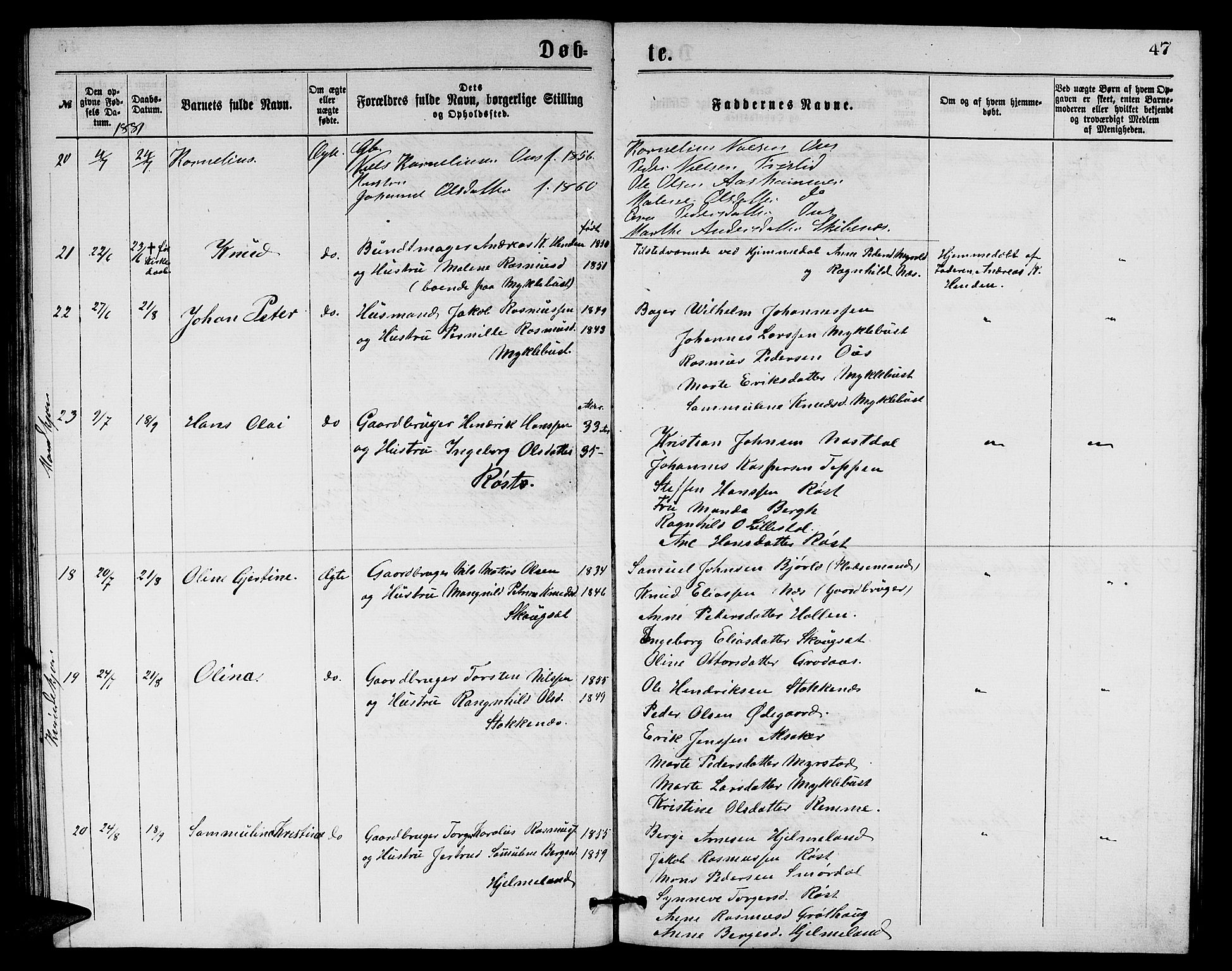 Eid sokneprestembete, AV/SAB-A-82301/H/Hab/Habb/L0001: Parish register (copy) no. B 1, 1877-1882, p. 47