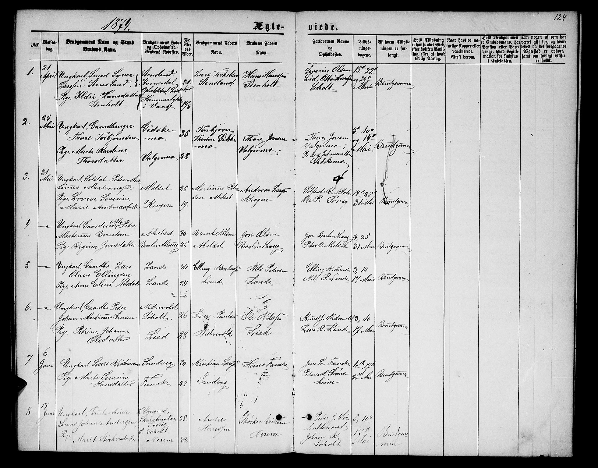 Ministerialprotokoller, klokkerbøker og fødselsregistre - Møre og Romsdal, AV/SAT-A-1454/522/L0325: Parish register (copy) no. 522C04, 1872-1877, p. 124