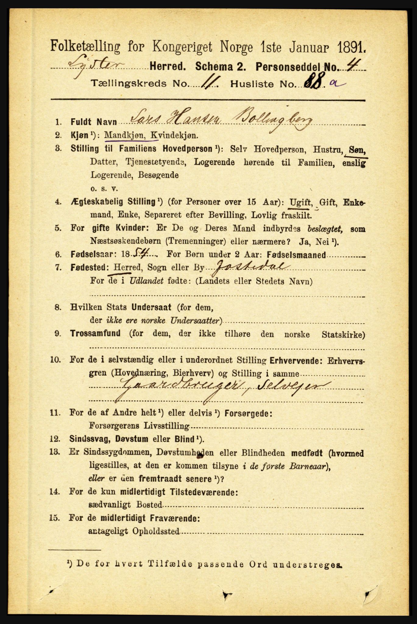 RA, 1891 census for 1426 Luster, 1891, p. 3697