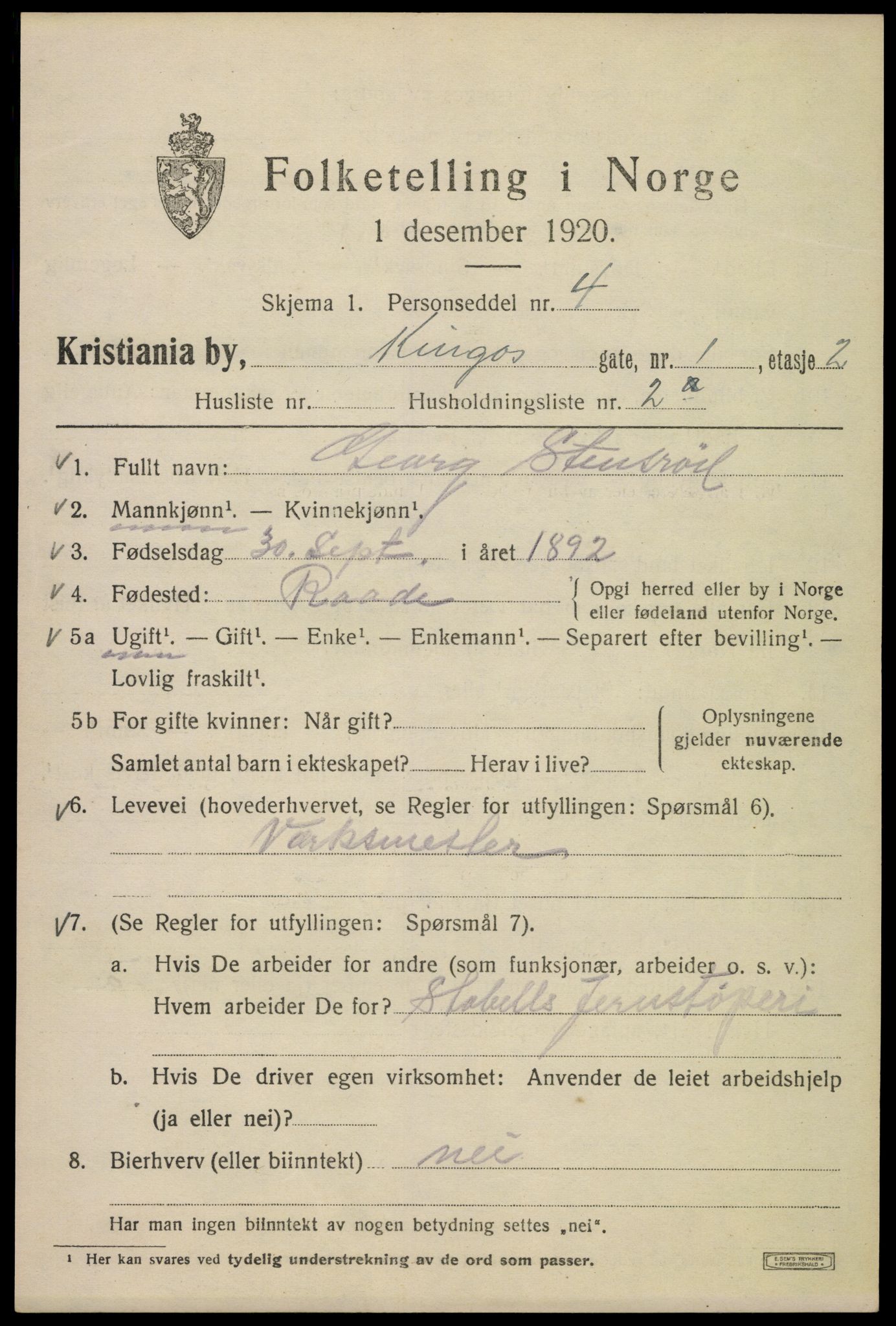 SAO, 1920 census for Kristiania, 1920, p. 332687