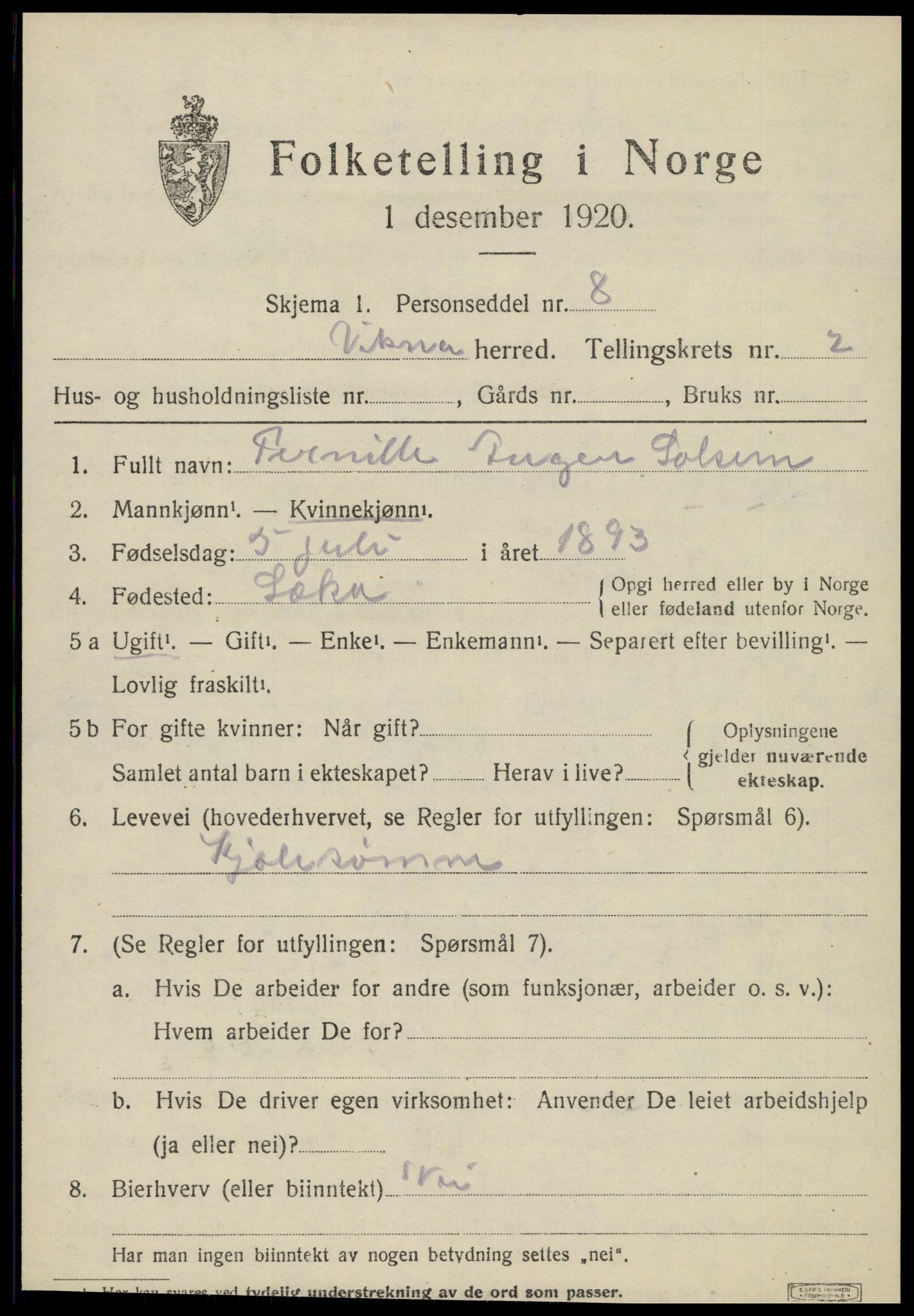 SAT, 1920 census for Vikna, 1920, p. 3257