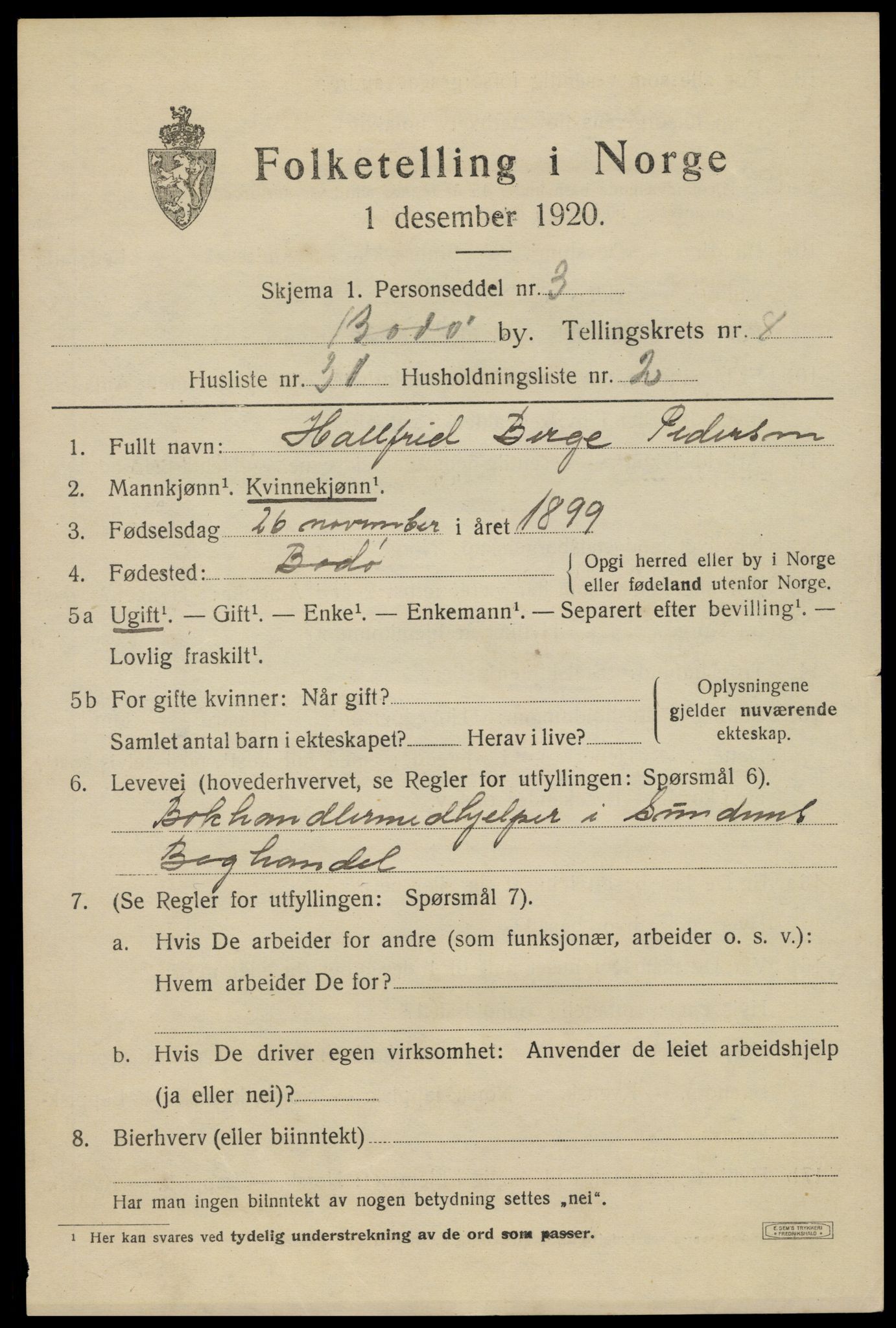 SAT, 1920 census for Bodø, 1920, p. 12827