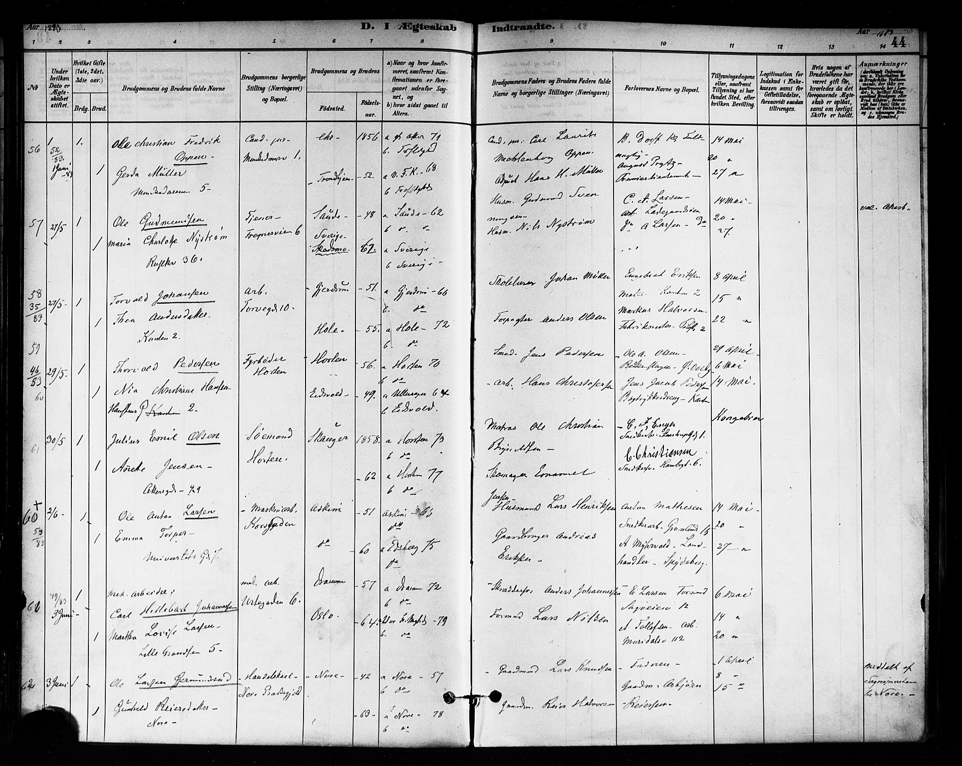 Trefoldighet prestekontor Kirkebøker, SAO/A-10882/F/Fc/L0003: Parish register (official) no. III 3, 1881-1891, p. 44