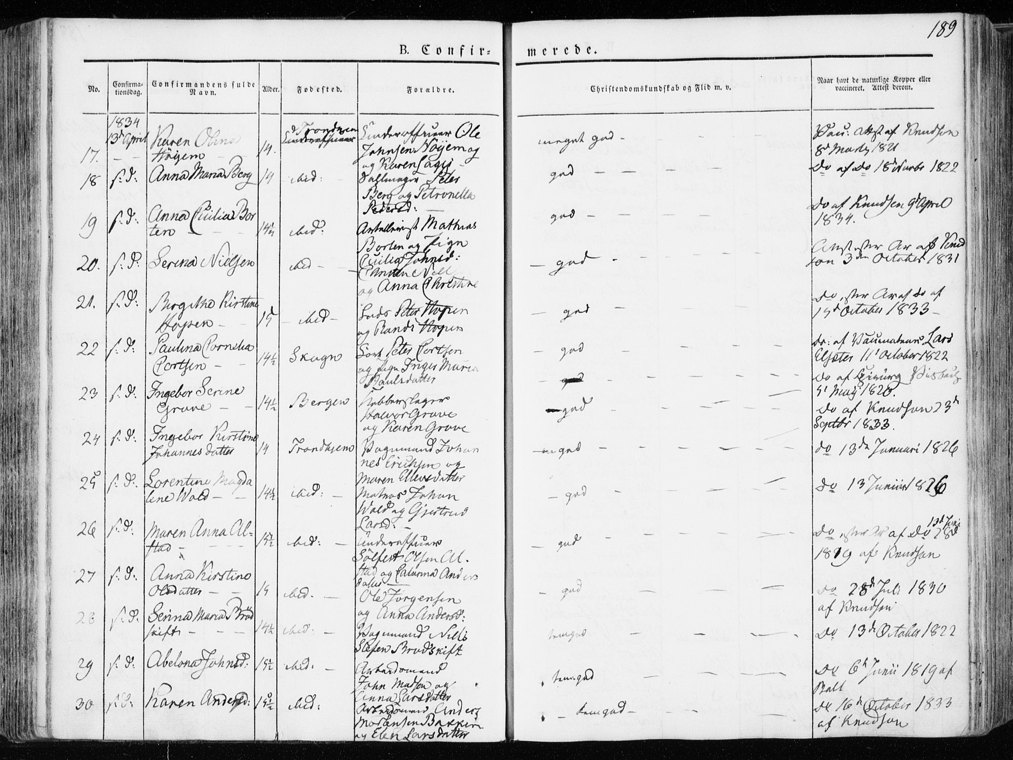 Ministerialprotokoller, klokkerbøker og fødselsregistre - Sør-Trøndelag, SAT/A-1456/601/L0047: Parish register (official) no. 601A15, 1831-1839, p. 189