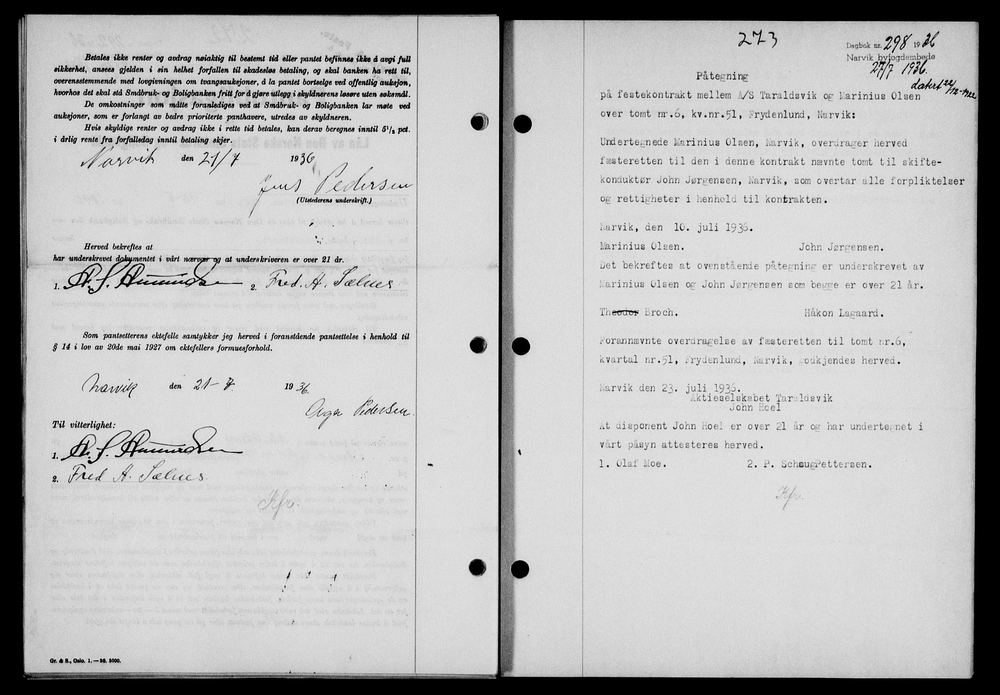 Narvik sorenskriveri, SAT/A-0002/1/2/2C/2Ca/L0011: Mortgage book no. 14, 1935-1937, Deed date: 27.07.1936