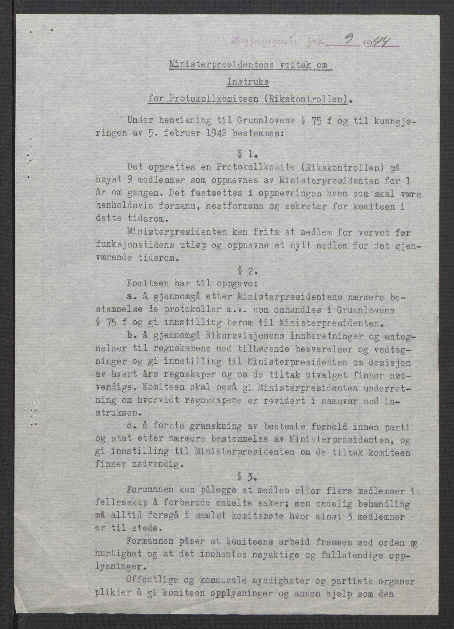 NS-administrasjonen 1940-1945 (Statsrådsekretariatet, de kommisariske statsråder mm), AV/RA-S-4279/D/Db/L0090: Foredrag til vedtak utenfor ministermøte, 1942-1945, p. 155