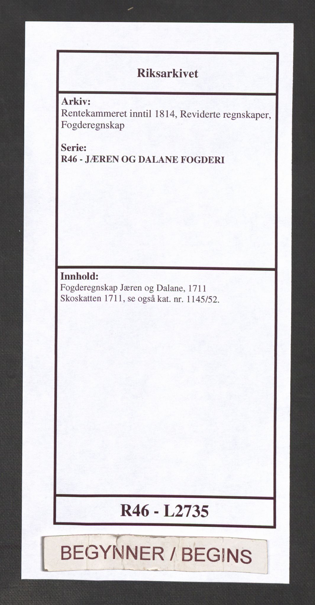 Rentekammeret inntil 1814, Reviderte regnskaper, Fogderegnskap, RA/EA-4092/R46/L2735: Fogderegnskap Jæren og Dalane, 1711, p. 1