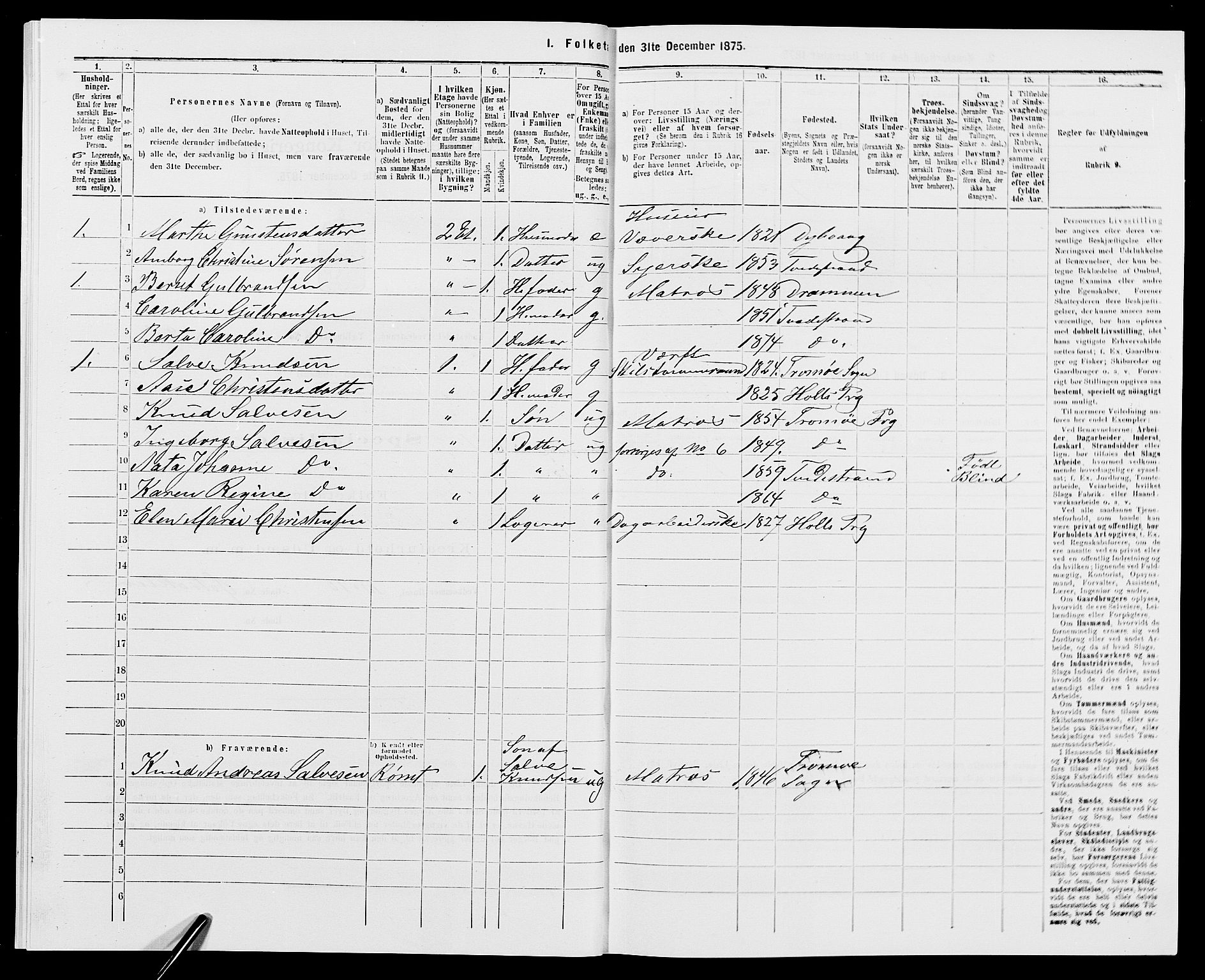 SAK, 1875 census for 0902B Holt/Tvedestrand, 1875, p. 211