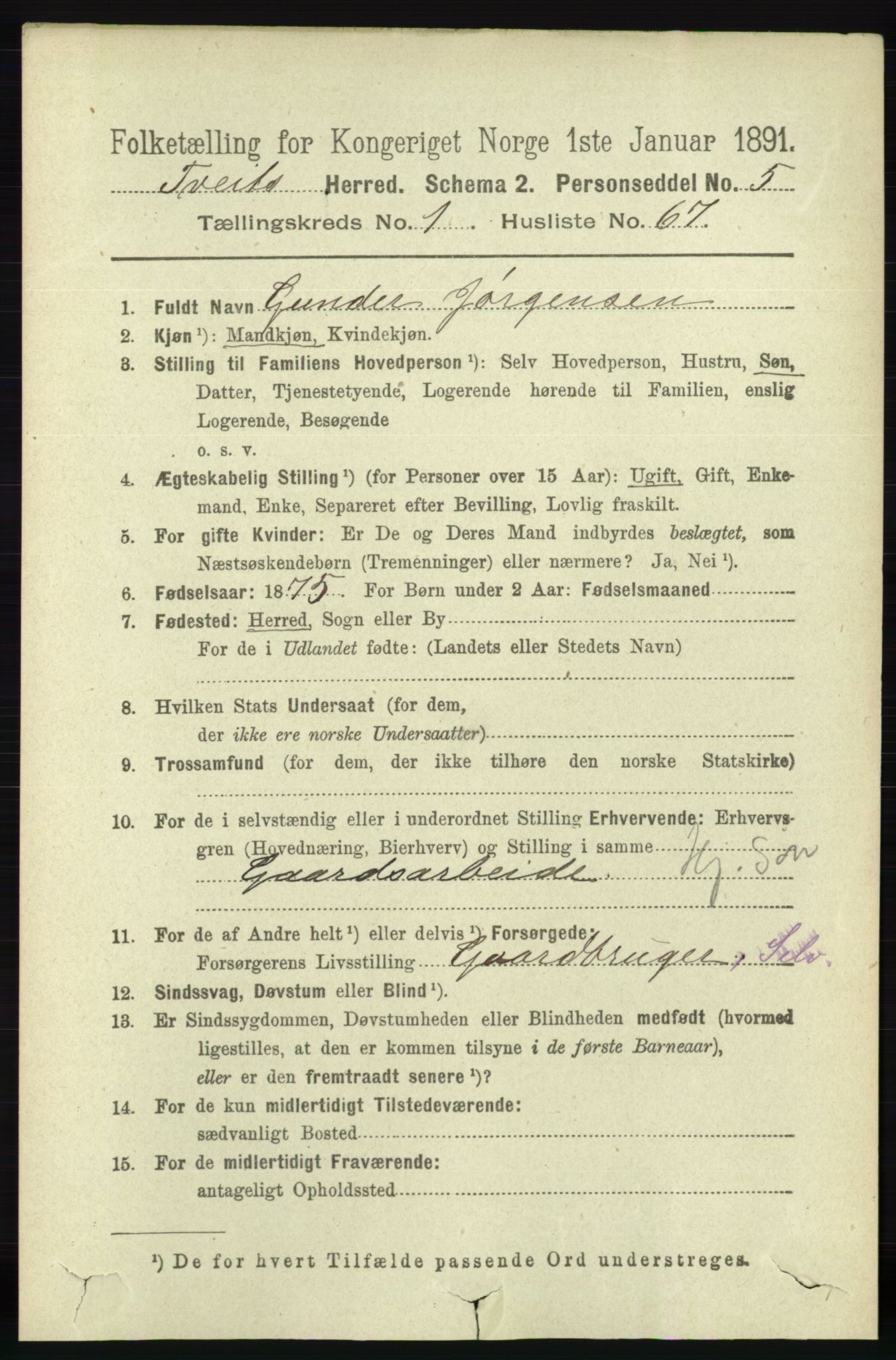 RA, 1891 census for 1013 Tveit, 1891, p. 406