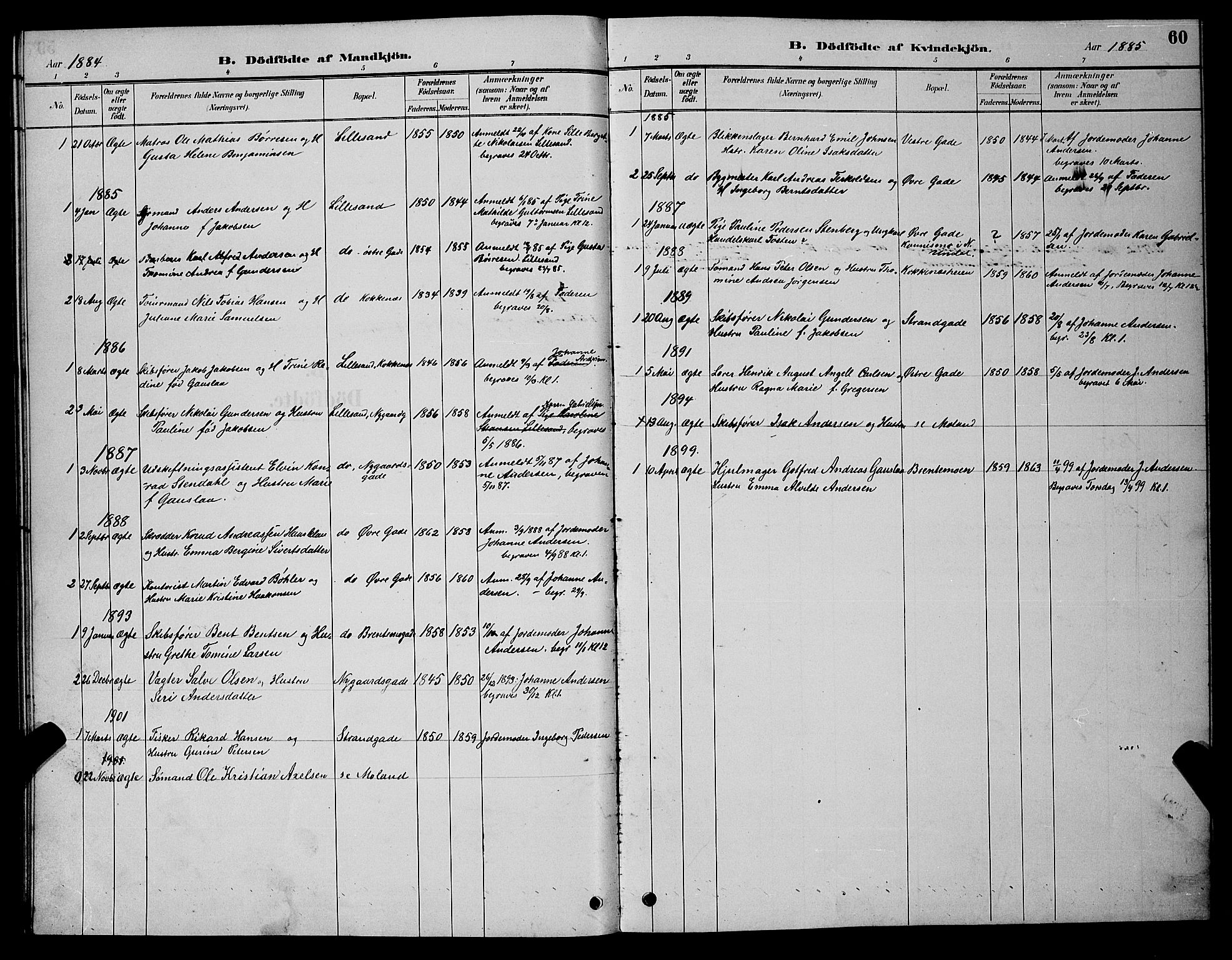 Vestre Moland sokneprestkontor, SAK/1111-0046/F/Fb/Fba/L0001: Parish register (copy) no. B 1, 1884-1903, p. 60