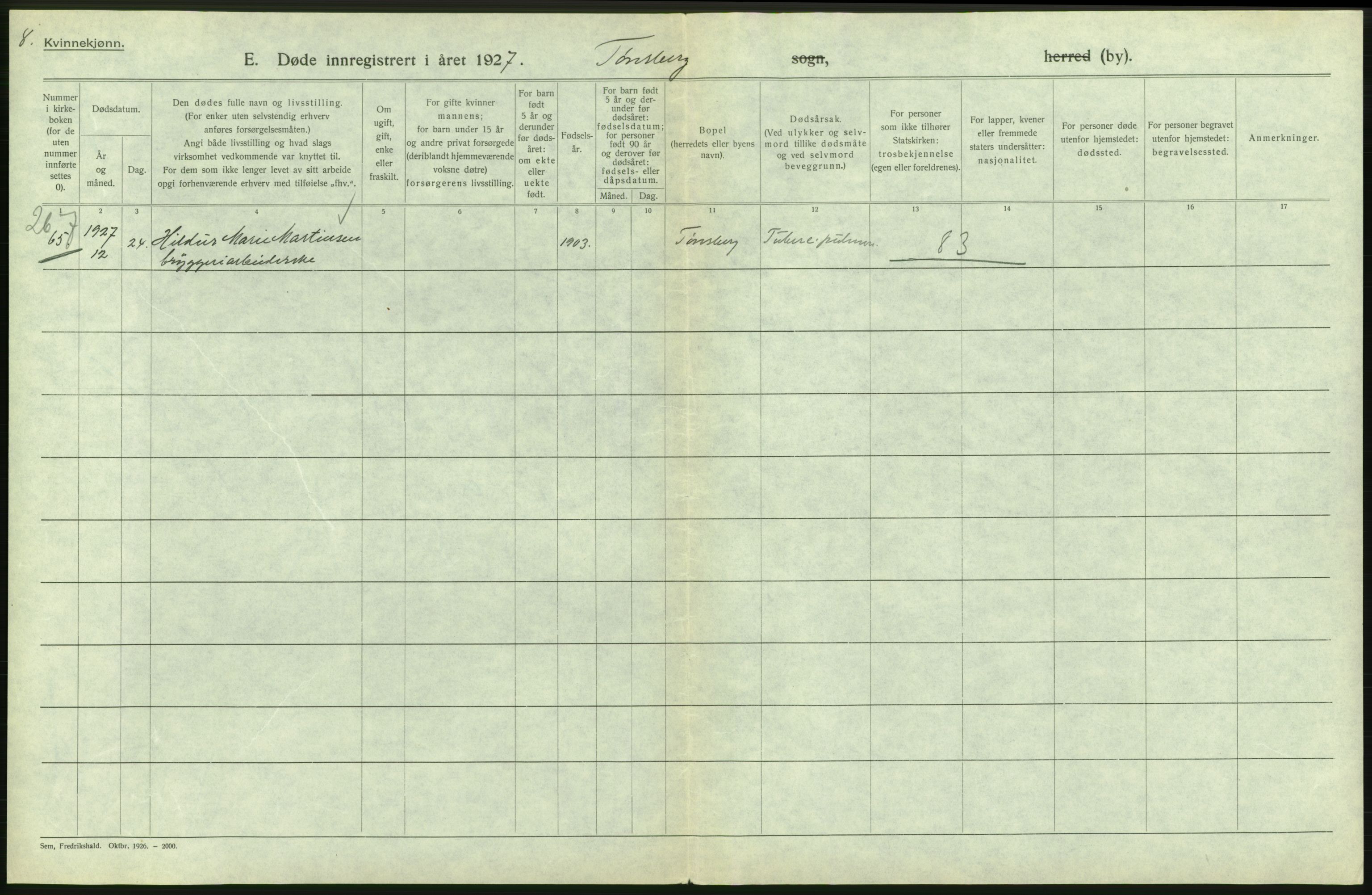 Statistisk sentralbyrå, Sosiodemografiske emner, Befolkning, AV/RA-S-2228/D/Df/Dfc/Dfcg/L0018: Vestfold fylke: Gifte, døde. Bygder og byer., 1927, p. 282